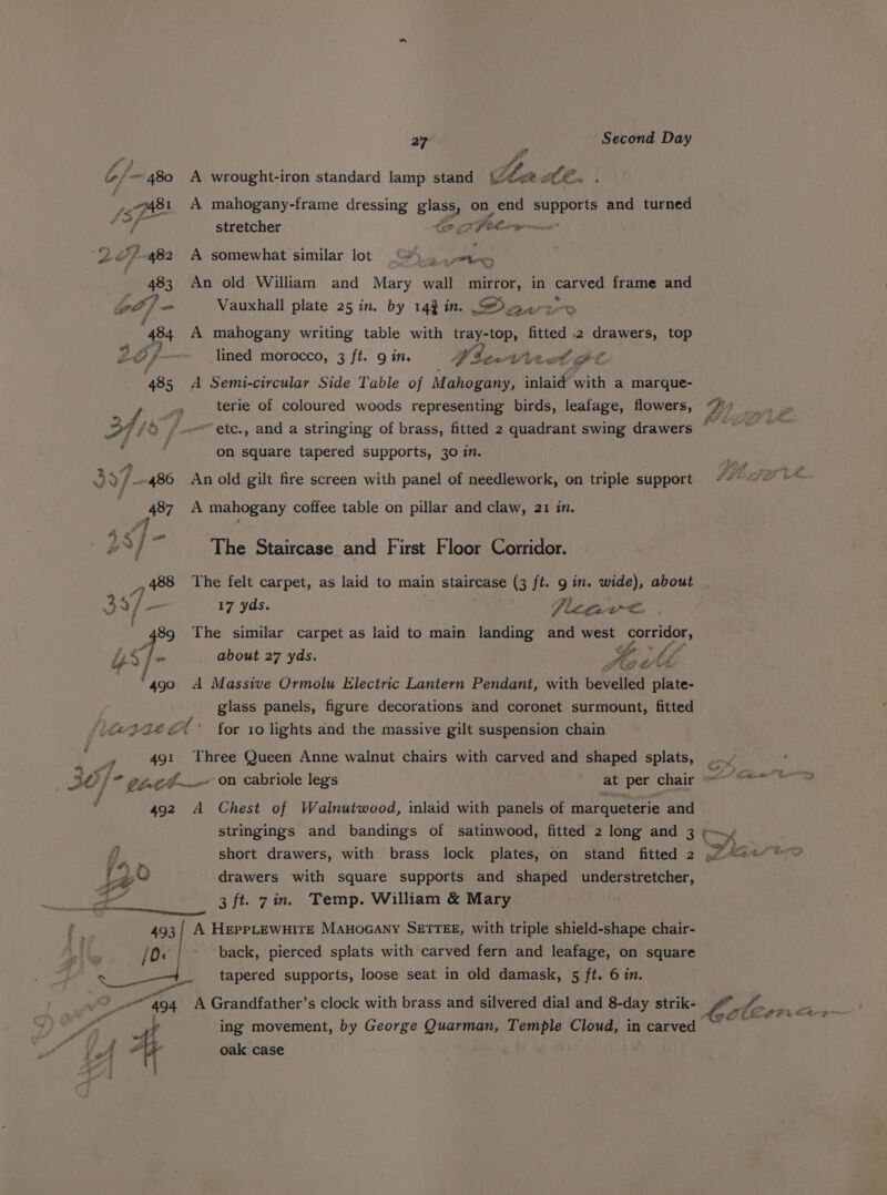 | fe &amp;/- 480 A wrought-iron standard lamp stand Ler RE. fs 481 A mahogany-frame dressing glass, on end es and turned stretcher (ee Peleorpma- 2 482 A somewhat similar lot &gt; ‘ ge cde | . 483 An old William and Mary wall mirror, in carved frame and a etje Vauxhall plate 25 in. by 143 in. SO ery XA “484 A mahogany writing table with tray-top, fitted 2 rhe me top a av ; vg é-t# f- lined morocco, 3 ft. 9 in. FF Sew Vit! gee 485 &lt;A Semi-circular Side Table of Mahogany, inlaid with a marque- oy “ terie of coloured woods representing birds, leafage, flowers, Ges 2¢ /® /-- ete., and a stringing of brass, fitted 2 quadrant swing drawers he - f on square tapered supports, 30 in. 4 : 4 3 27-486 An old gilt fire screen with panel of needlework, on triple support - 487 A mahogany coffee table on pillar and claw, 21 in. #4 : &amp; 7 a . . . N The Staircase and First Floor Corridor. a 488 The felt carpet, as laid to main staircase (3 ft. 9 in. wide), about 3 oe Ya 17. yds. Plive ot 89 The similar carpet as laid to main landing and west corridor, G * LS] about 27 yds. Pe ns lf ‘490 A Massive Ormolu Electric Lantern Pendant, with bevelled plate- glass panels, figure decorations and coronet surmount, fitted ‘ite2G2 1° for to lights and the massive gilt suspension chain : wy 491 Three Queen Anne walnut chairs with carved and shaped splats, 3é/- Ghee On cabriole legs at per chair = &gt; j 492 A Chest of Walnutwood, inlaid with panels of marqueterie and stringings and bandings of satinwood, fitted 2 long and 3 cx ri short drawers, with brass lock plates, on stand fitted 2 . {30 drawers with square supports and shaped understretcher, oes ‘ pants a fe . Temp. William &amp; Mar eet ed Lee 7 P y f. 493 A HEepPLEWHITE ManoGany SETTEE, with triple shield-shape chair- | [O° back, pierced splats with carved fern and leafage, on square ne tapered supports, loose seat in old damask, 5 ft. 6 in. ~Ao4 A Grandfather’s clock with brass and silvered dial and 8-day strik- ing movement, by George Quarman, Temple Cloud, in carved 4 A oak case Lele SEL PR Cee