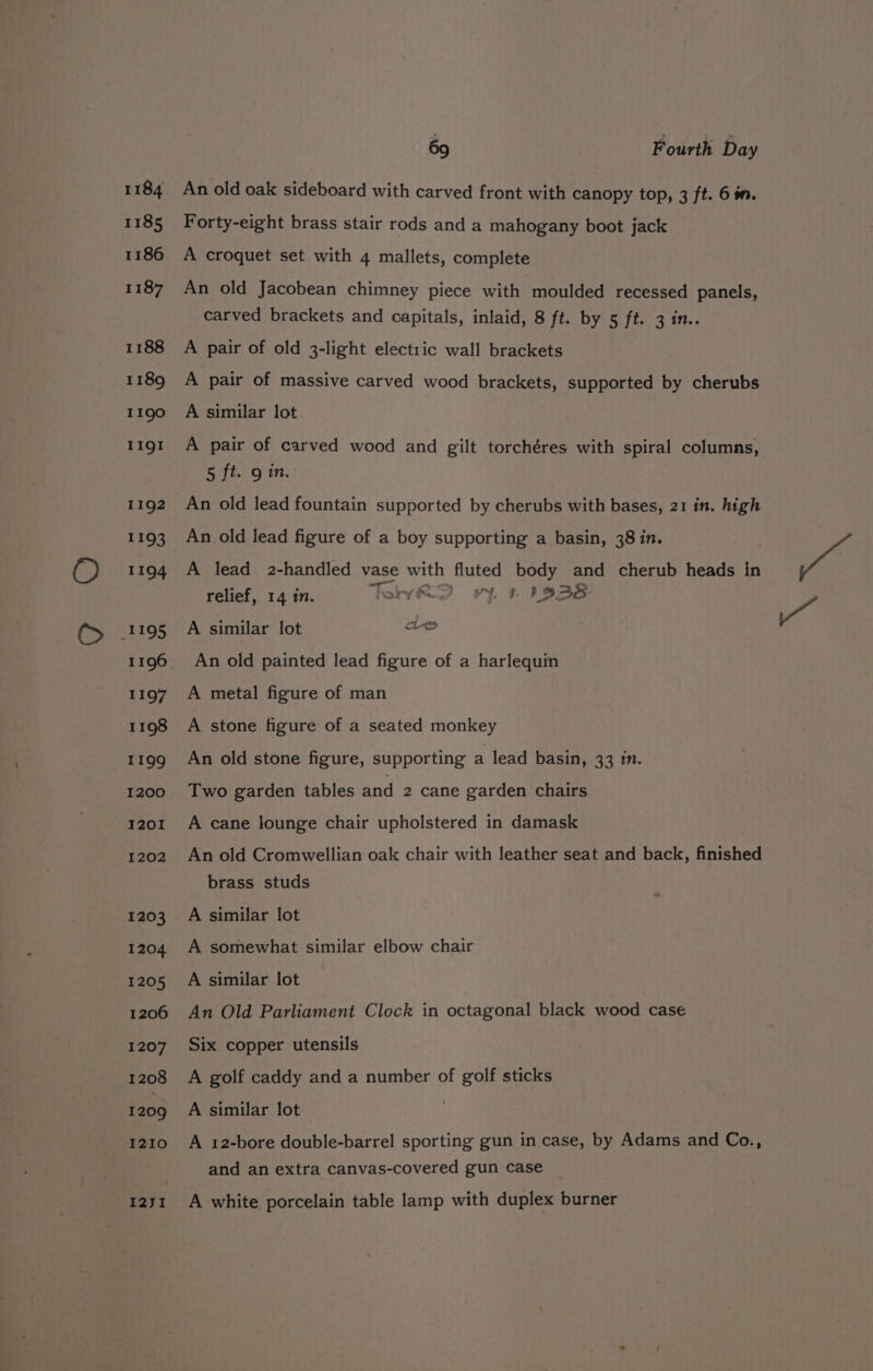 ? 1184 1185 1186 1187 1188 1189 1190 1IQI 1192 1193 1194 1196 1197 1198 1199 1200 1201 1202 1203 1204 1205 1206 1207 1208 1209 I210 I2y1 69 Fourth Day An old oak sideboard with carved front with canopy top, 3 ft. 6 #. Forty-eight brass stair rods and a mahogany boot jack A croquet set with 4 mallets, complete An old Jacobean chimney piece with moulded recessed panels, carved brackets and capitals, inlaid, 8 ft. by 5 ft. 3 in.. A pair of old 3-light electric wall brackets A pair of massive carved wood brackets, supported by cherubs A similar lot A pair of carved wood and gilt torchéres with spiral columns, 5 ft. 9 in. An old lead fountain supported by cherubs with bases, 21 in. high An old lead figure of a boy supporting a basin, 38 in. A lead 2-handled vase with fluted body and cherub heads in relief, 14 in. TehyvRD vy. t 1938 A similar lot cle An old painted lead figure of a harlequin A metal figure of man A stone figure of a seated monkey An old stone figure, supporting a lead basin, 33 in. Two garden tables and 2 cane garden chairs A cane lounge chair upholstered in damask An old Cromwellian oak chair with leather seat and back, finished brass studs } A similar lot A somewhat similar elbow chair A similar lot An Old Parliament Clock in octagonal black wood case Six copper utensils A golf caddy and a number of golf sticks A similar lot A 12-bore double-barrel sporting gun in case, by Adams and Co., and an extra canvas-covered gun case A white porcelain table lamp with duplex burner