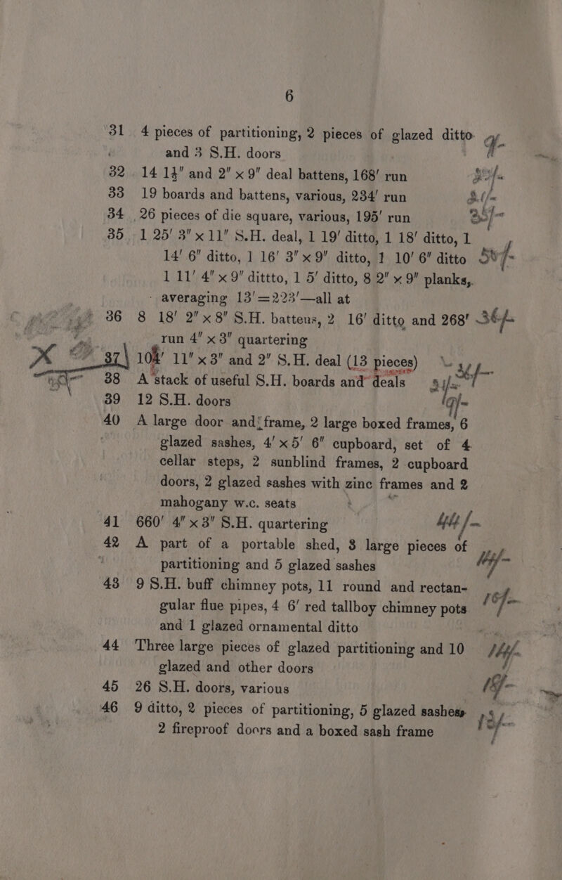 31 32 33 34 35 41 42 43 44 45 46 6 4 pieces of partitioning, 2 pieces of glazed ditto 1 25' 3x 11 S.H. deal, 1 19’ ditto, 1 18! ditto, 1 14’ 6 ditto, 1 16’ 3x 9 ditto, 1 10’ 6” ditto 1 11’ 4 x 9 dittto, 1 5’ ditto, 8 2 x 9 planks, - averaging 13’=223'—all at s and 3 §.H. doors ! Me 14 14 and 2 x 9 deal battens, 168’ run of 19 boards and battens, various, 234’ run Sib fn 26 pieces of die square, various, 195’ run had 5vf- run 4 x 3 quartering 104’ 11 3 and 2 S.H. deal (13 pieces) 12 8.H. doors A large door and‘ frame, 2 large boxed frames, 6 glazed sashes, 4’ x5! 6 cupboard, set of 4 cellar steps, 2 sunblind frames, 2 cupboard doors, 2 glazed sashes with zinc frames and 2 mahogany w.c. seats A part of a portable shed, 8 large pieces of partitioning and 5 glazed sashes 9 S.H. buff chimney pots, 11 round and rectan- gular flue pipes, 4 6’ red tallboy chimney pots and 1 glazed ornamental ditto Three large pieces of glazed partitioning and 10 glazed and other doors 26 8.H. doors, various 9 ditto, 2 pieces of partitioning, 5 glazed sashess 2 fireproof doors and a boxed sash frame My 16f- (7 - &gt; a