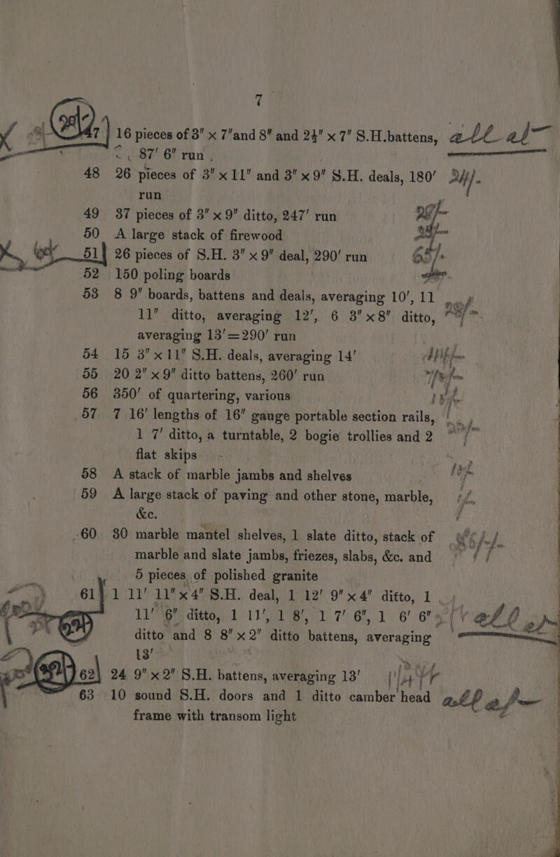 si pieces of 3 x 7’and 8” and 24 x 7 S.H.battens, att as “a ai 6 run , 48 26 pieces of 3x 11 and 3 x 9” SH. deals, 180’ hey run 37 pieces of 3 x 9” ditto, 247’ run PS a A large stack of firewood aa a oy _si| 26 pieces of S.H. 3” x 9” deal, 290’ run eff wee 52 150 poling boards : 53 8 9 boards, battens and deals, averaging 10’, 11 Poy 11 ditto, averaging 12’, 6 3x8 ditto, “/™ averaging 13’=290' run 54 15 3x11 S.H. deals, averaging 14’ AP fw 55 20 2x 9 ditto battens, 260’ run ha t 56 350’ of quartering, various | ed. ‘ 57 7 16’ lengths of 16” gauge portable section rails, j v 1 7' ditto, a turntable, 2 bogie trollies and 2 ~/~ : flat skips vue 58 A stack of marble jambs and shelves 7 59 A large stack of paving and other stone, marble, &amp;e. -60 30 marble mantel shelves, 1 slate ditto, stack of us jj. marble and slate jambs, friezes, slabs, &amp;c. and =f / 5 pieces, of polished granite 1 11’ 11x 4 8H. deal, 1 12’ 9x 4 difto, 1) in \gt ditto, 1/11') 1 8’, 1.7’ 6’, 1 6! 6's Ler ditto and 8 8x2 ditto battens, averaging 13! at 24 9 x 2 §.H. battens, averaging 13! tay 10 sound §8.H. doors and 1 ditto eR peas ‘all 2, h. La frame with transom light