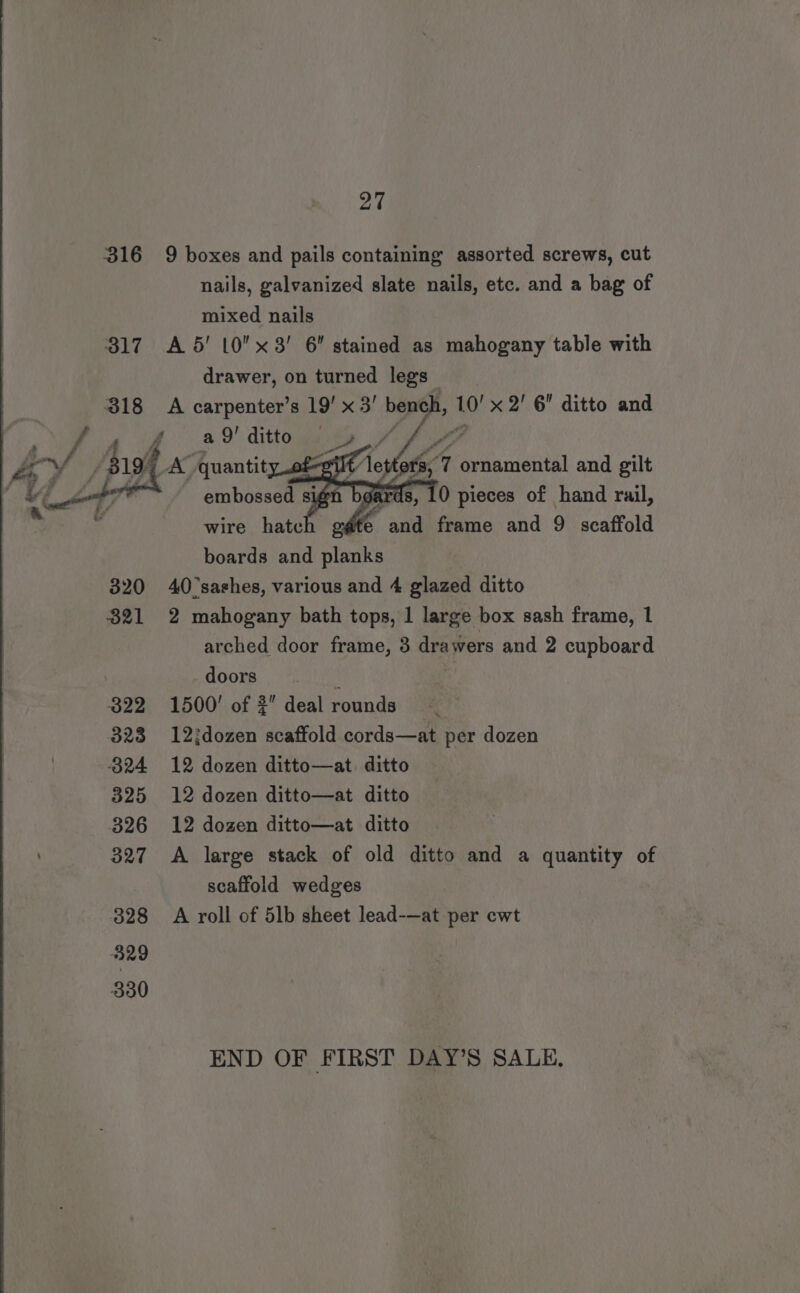 316 9 boxes and pails containing assorted screws, cut nails, galvanized slate nails, etc. and a bag of mixed nails 317 A 5’ 10x 8! 6 stained as mahogany table with drawer, on turned legs 318 A carpenter’s 19’ x 3’ ya 10' x 2’ 6 ditto and f he eae 9' ditto | OAS ey )_ A quantityof-gilt’ ors, 7 ornamental and gilt embossed sign bg 10 pieces of hand rail, oa e and frame and 9 scaffold boards and planks 320 40’sashes, various and 4 glazed ditto 821 2 mahogany bath tops, 1 large box sash frame, 1 arched door frame, 3 drawers and 2 cupboard doors 822 1500’ of 2 deal rounds 323 12jdozen scaffold cords—at per dozen 824 12 dozen ditto—at. ditto 325 12 dozen ditto—at ditto 326 12 dozen ditto—at ditto 327 A large stack of old ditto and a quantity of scaffold wedges 328 A roll of 5lb sheet lead-—at per cwt wire hatch END OF FIRST DAY’S SALE,