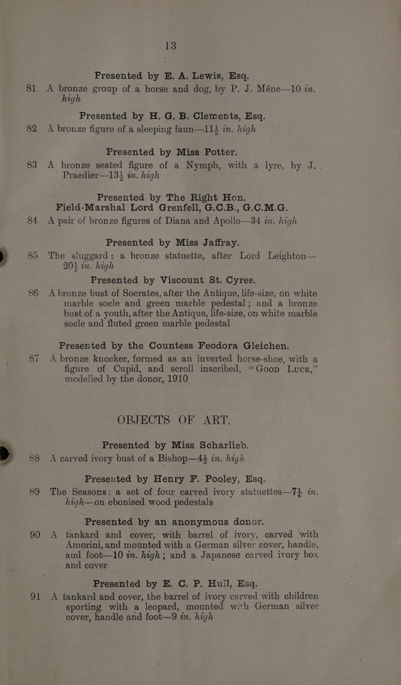 81 82 83 84 85 86 88 89 90 YL 13 Presented by E. A. Lewis, Esq. A bronze group of a horse and dog, by P. J. Méne—10 in. high Presented by H. G. B. Clements, Esq. A bronze figure of a sleeping faun—114 im. high Presented by Miss Potter. A bronze seated figure of a Nymph, with a lyre, by J.. Praedier—134 im. high Presented by The Right Hon. Field-Marshal Lord Grenfell, G.C.B., G.C.M.G. A pair of bronze figures of Diana and Apollo—34 i. high Presented by Miss Jaffray. The sluggard: a bronze statuette, after Lord Leighton— 201 in. hagh Presented by Viscount St. Cyres. A bronze bust of Socrates, after the Antique, life-size, on white marble socle and green marble pedestal; and a bronze bust of a youth, after the Antique, life-size, on white marble socle and fluted green marble pedestal Presented by the Countess Feodora Gleichen. A bronze knocker, formed as an inverted horse-shoe, with a figure of Cupid, and scroll inscribed, ‘“‘Goop Luck,” modelled by the donor, 1910 OBJECTS OF ART. Presented by Miss Scharlieb. A carved ivory bust of a Bishop—4$ in. high Presented by Henry F. Pooley, Esq. The Seasons: a set of four carved ivory statuettes—74+ 7. high—on ebonised wood pedestals Presented by an anonymous donor. A tankard and cover, with barrel of ivory, carved with Amorini, and mounted with a German silver cover, handle, aud foot—10 in. high; and a Japanese carved ivory box and cover Presented by E. C. P. Hui], Esq. A tankard and cover, the barrel of ivory carved with children sporting with a leopard, mounted with German silver cover, handle and foot—9 in. high