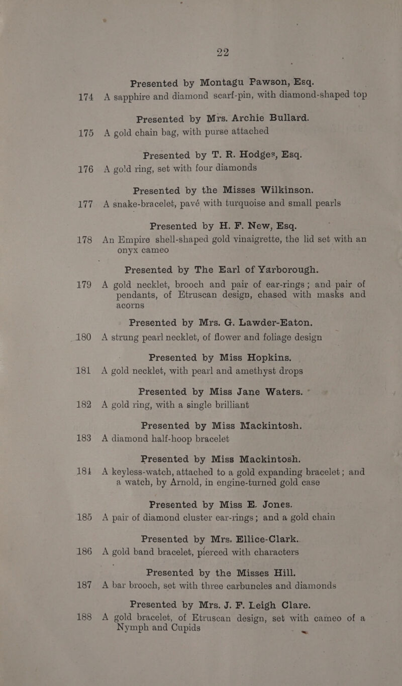 174 175 176 177 178 179 _180 181 182 183 184 185 186 187 188 22 Presented by Montagu Pawson, Esq. A sapphire and diamond scarf-pin, with diamond-shaped top Presented by Mrs. Archie Bullard. A gold chain bag, with purse attached Presented by T. R. Hodges, Esq. A gold ring, set with four diamonds Presented by the Misses Wilkinson. A snake-bracelet, pavé with turquoise and small pearls Presented by H. F. New, Esq. An Empire shell-shaped gold vinaigrette, the lid set with an onyx cameo Presented by The Earl of Yarborough. A gold necklet, brooch and pair of ear-rings; and pair of pendants, of Etruscan design, chased with masks and acorns Presented by Mrs. G. Lawder-Eaton. A strung pearl necklet, of flower and foliage design Presented by Miss Hopkins. A gold necklet, with pearl and amethyst drops Presented by Miss Jane Waters. ° A gold ring, with a single brilliant Presented by Miss Mackintosh. A diamond half-hoop bracelet Presented by Miss Mackintosh. A keyless-watch, attached to a gold expanding bracelet; and a watch, by Arnold, in engine-turned gold case Presented by Miss E. Jones. A pair of diamond cluster ear-rings; and a gold chain Presented by Mrs. Ellice-Clark. A gold band bracelet, pierced with characters Presented by the Misses Hill. A bar brooch, set with three carbuncles and diamonds Presented by Mrs. J. F. Leigh Clare. A gold bracelet, of Etruscan design, set with cameo of a Nymph and Cupids ~~