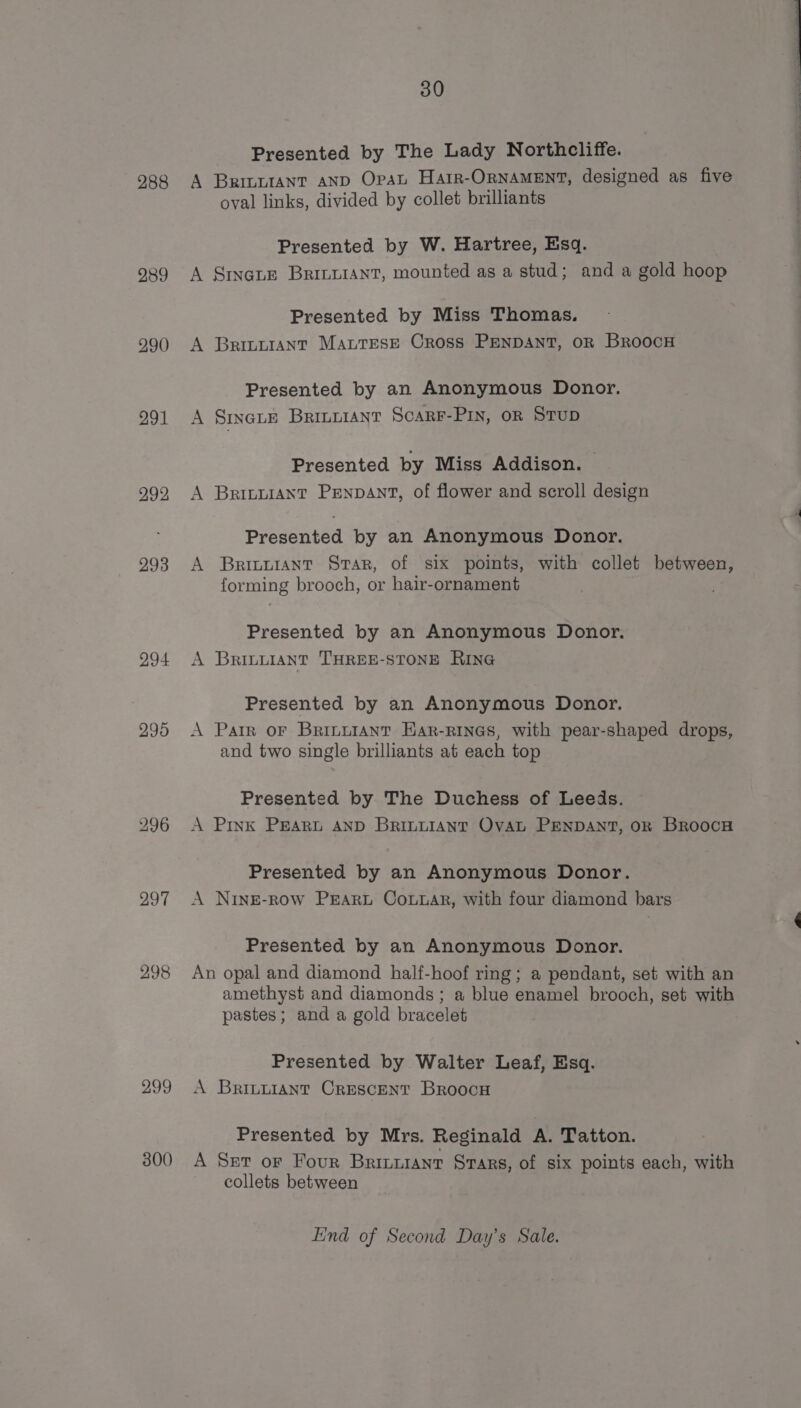 Presented by The Lady Northcliffe. 988 A Brivurant anp Oran Hatr-ORNAMENT, designed as five | oval links, divided by collet brilliants Presented by W. Hartree, Esq. 989 A SinauE BricuiANnt, mounted as a stud; and a gold hoop Presented by Miss Thomas. 990 A Briztrant MatresE Cross PENDANT, OR BROOCH Presented by an Anonymous Donor. 291 A Sinene Brinviant ScarF-PIN, oR STUD Presented by Miss Addison. 992 A Brinwiant Penpant, of flower and scroll design Presented by an Anonymous Donor. 293 A Brinurant Star, of six points, with collet between, forming brooch, or hair-ornament Presented by an Anonymous Donor. 294 A Brinuiant THREE-STONE RInG Presented by an Anonymous Donor. 295 A Pair oF Brinwiant EHar-R1INGS, with pear-shaped drops, and two single brilliants at each top Presented by The Duchess of Leeds. 296 A Pink PEARL AND BRILLIANT OvaL PENDANT, OR BRoocH Presented by an Anonymous Donor. 297 &lt;A NingE-row PEARL CoLuar, with four diamond bars Presented by an Anonymous Donor. 298 An opal and diamond half-hoof ring; a pendant, set with an amethyst and diamonds; a blue enamel brooch, set with pastes; and a gold bracelet Presented by Walter Leaf, Esq. 299 A Briviurant Crescent Broocu Presented by Mrs. Reginald A. Tatton. 300 A Ser or Four Britiranr Stars, of six points each, with collets between Find of Second Day’s Sale.