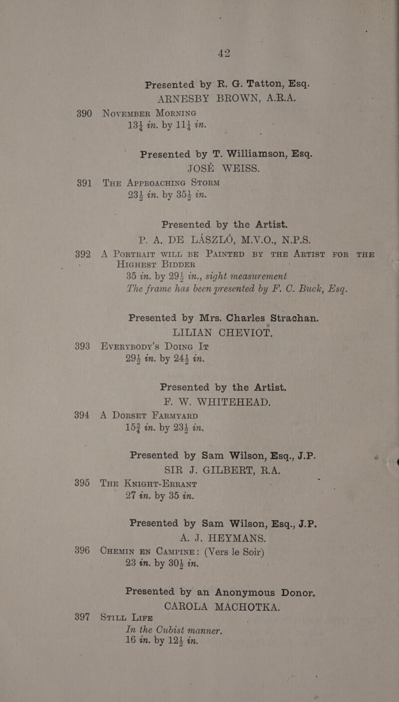 390 392 393 394 395 396 397 Presented by R. G. Tatton, Esq. ARNESBY BROWN, A.R.A. NovEMBER MoRrRNING 134 m. by 114 an. Presented by T. Williamson, Esq. JOSE WEISS. THE APPROACHING STORM oe eee 234 in. by 35} am. Presented by the Artist. P. A. DE LASZLO; M.V.0. NPS: A PoRTRAIT WILL BE PAINTED BY THE ABTIBT FOR HicHest BIDDER The frame has been presented by EF’. C. Buck, Esq. Presented by Mrs. Charles Strachan. LILIAN CHEVIOT. EvERYBOoDY’s Doine It Presented by the Artist. F. W. WHITEHEAD. A Dorset FARMYARD Presented by Sam Wilson, Esq., J.P. SIR J. GILBERT, R.A. THE KniGHt-ERRANT Presented by Sam Wilson, Esq., J.P. A. J. HEYMANS. CHEMIN EN CampINE: (Vers le Soir) Presented by an Anonymous Donor. CAROLA MACHOTKA. Stitt Lire . In the Cubist manner. 16 in. by 1234 in. THE