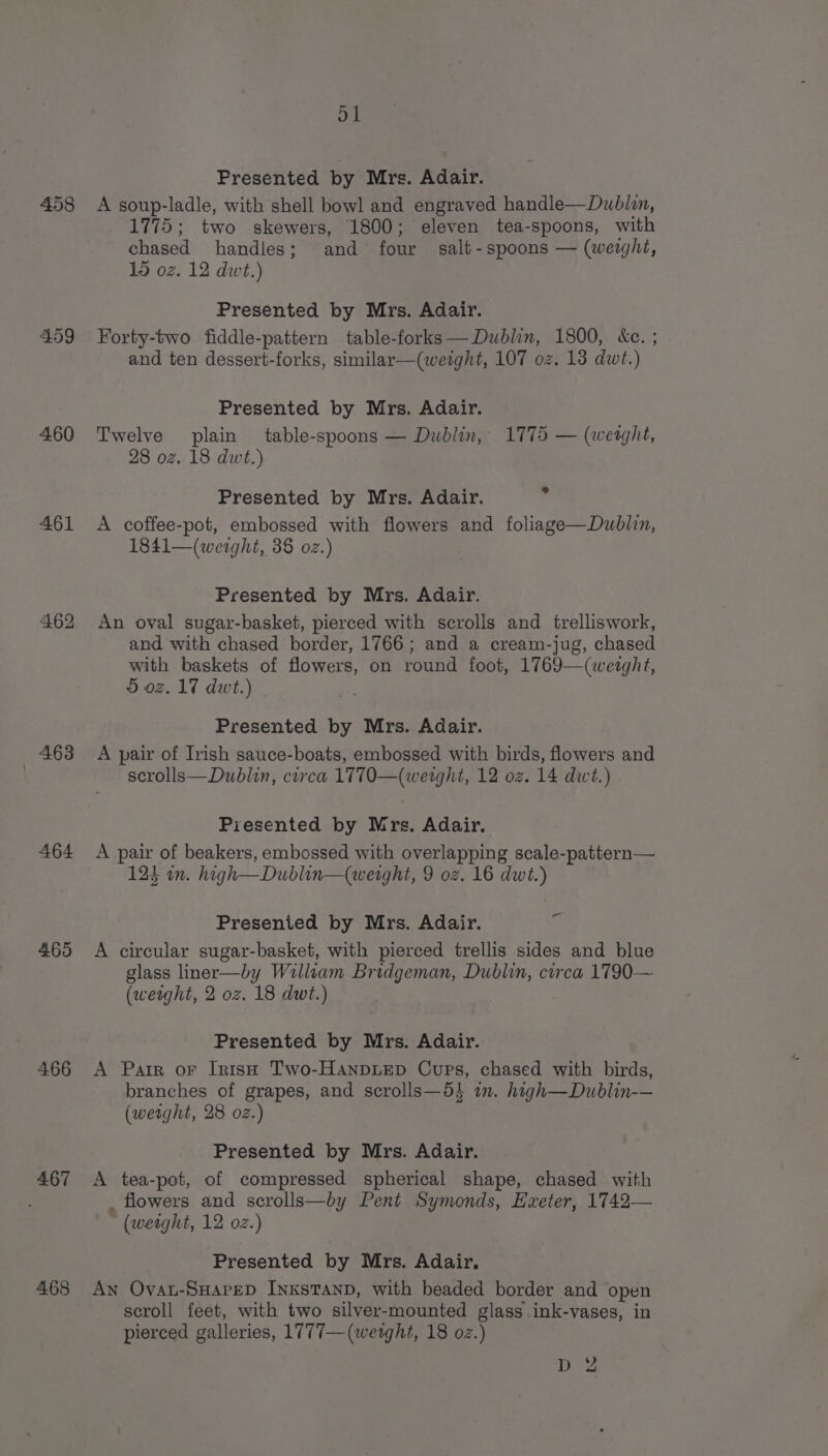 458 459 460 461 462 463 464 465 466 467 468 ol Presented by Mrs. Adair. A soup-ladle, with shell bowl and engraved handle—Dublin, 1775; two skewers, 1800; eleven tea-spoons, with chased handles; and four salt-spoons — (weight, 15 oz. 12 dwt.) Presented by Mrs. Adair. Forty-two fiddle-pattern table-forks — Dublin, 1800, Xe. ; and ten dessert-forks, similar—(weight, 107 oz. 13 dwt.) Presented by Mrs. Adair. Twelve plain table-spoons — Dublin, 1775 — (weaght, 28 oz. 18 dwt.) 2 Presented by Mrs. Adair. A coffee-pot, embossed with flowers and foliage—Dublin, 1841—(weight, 36 oz.) Presented by Mrs. Adair. An oval sugar-basket, pierced with scrolls and trelliswork, and with chased border, 1766; and a cream-jug, chased with baskets of flowers, on round foot, 1769—(weight, 5 0z. 17 dwt.) Presented by Mrs. Adair. A pair of Irish sauce-boats, embossed with birds, flowers and scrolls—Dublin, circa 1770—(werght, 12 oz. 14 dwt.) Piesented by Mrs. Adair. A pair of beakers, embossed with overlapping scale-pattern— 123 in. high—Dublin—(werght, 9 oz. 16 dwt.) Presented by Mrs. Adair. ie A circular sugar-basket, with pierced trellis sides and blue glass liner—by William Bridgeman, Dublin, circa 1790— (weeght, 2 oz. 18 dwt.) Presented by Mrs. Adair. A Parr or Irish Two-Hanpuep Cups, chased with birds, branches of grapes, and scrolls—d} in. hagh—Dublin-— (weight, 28 oz.) Presented by Mrs. Adair. A tea-pot, of compressed spherical shape, chased with _ flowers and scrolls—by Pent Symonds, Exeter, 1742— (weight, 12 oz.) Presented by Mrs. Adair. An Ovau-SHareD INKsSTAND, with beaded border and open scroll feet, with two silver-mounted glass ink-vases, in pierced galleries, 1777—(wetght, 18 oz.) D2