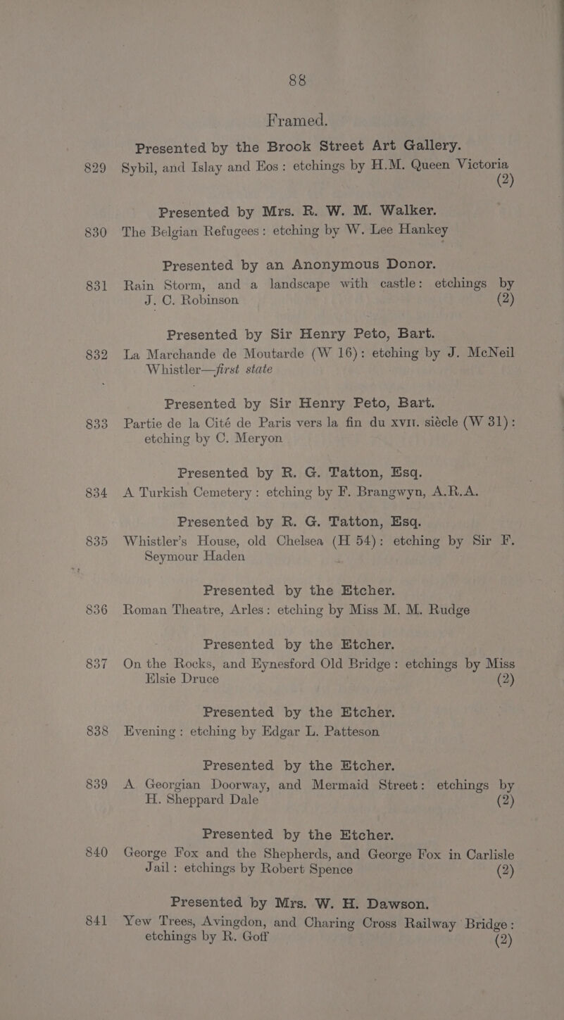 830 831 833 834 836 839 840 841 88 Framed. Presented by the Brook Street Art Gallery. Sybil, and Islay and Eos: etchings by H.M. Queen iE seas (2 Presented by Mrs. R. W. M. Walker. The Belgian Refugees: etching by W. Lee Hankey Presented by an Anonymous Donor. Rain Storm, and a landscape with castle: etchings by J. C. Robinson (2) Presented by Sir Henry Peto, Bart. La Marchande de Moutarde (W 16): etching by J. McNeil Whistler—/irst state Presented by Sir Henry Peto, Bart. Partie de la Cité de Paris vers la fin du xvit. siécle (W 31): etching by C. Meryon Presented by R. G. Tatton, Esq. A Turkish Cemetery: etching by F. Brangwyn, A.R.A. Presented by R. G. Tatton, Esq. Whistler’s House, old Chelsea Oe 54): etching by Sir F. Seymour Haden Presented by the Etcher. Roman Theatre, Arles: etching by Miss M. M. Rudge Presented by the HEtcher. On the Rocks, and Eynesford Old Bridge: etchings by Miss Elsie Druce (2) Presented by the Etcher. Evening: etching by Edgar L. Patteson Presented by the Etcher. A. Georgian Doorway, and Mermaid Street: etchings by H. Sheppard Dale (2) Presented by the Etcher. George Fox and the Shepherds, and George Fox in Carlisle Jail etchings by Robert Spence (2) Presented by Mrs. W. H. Dawson. Yew Trees, Avingdon, and Charing Cross Railway Bridge: etchings by R. Goff (2)