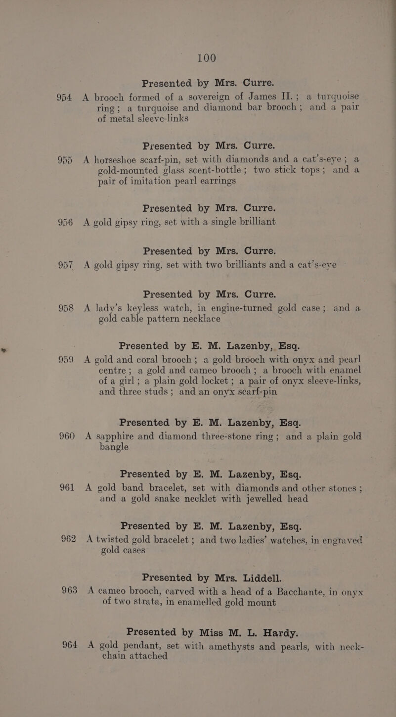 ve) ar) 956 960 961 963 964 100 Presented by Mrs. Curre. A brooch formed of a sovereign of James II.; a turquoise ring; a turquoise and diamond bar brooch; and a pair of metal sleeve-links Presented by Mrs. Curre. A horseshoe scarf-pin, set with diamonds and a cat’s-eye; a gold-mounted glass scent-bottle ; two stick tops; and a pair of imitation pearl earrings Presented by Mrs. Curre. A gold gipsy ring, set with a single brilliant Presented by Mrs. Curre. A gold gipsy ring, set with two brilliants and a cat’s-eye | Presented by Mrs. Curre. A lady’s keyless watch, in engine-turned gold case;. and a gold cable pattern necklace Presented by E. M. Lazenby, Esq. A gold and coral brooch; a gold brooch with onyx and pearl centre; a gold and cameo brooch ; a brooch with enamel of a girl; a plain gold locket ; a pair of onyx sleeve-links, and three studs; and an onyx scarf-pin Presented by E. M. Lazenby, Esq. A sapphire and diamond three-stone ring; and a plain gold bangle Presented by E. M. Lazenby, Esq. A gold band bracelet, set with diamonds and other stones ; and a gold snake necklet with jewelled head Presented by BE. M. Lazenby, Esq. A twisted gold bracelet ; and two ladies’ watches, in engraved gold cases Presented by Mrs. Liddell. A cameo brooch, carved with a head of a Bacchante, in onyx of two strata, in enamelled gold mount Presented by Miss M. L. Hardy. A gold pendant, set with amethysts and pearls, with neck- chain attached