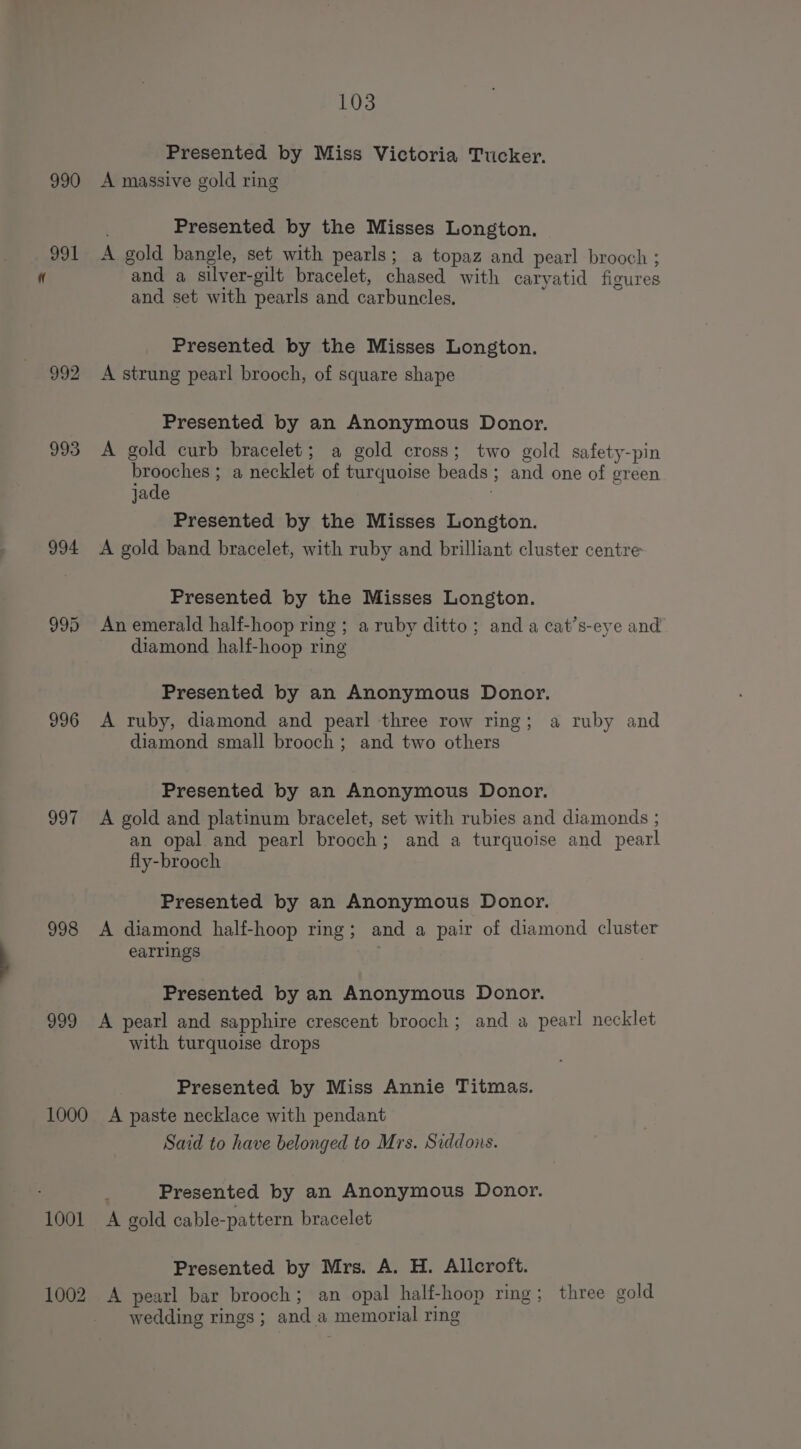 992 993 994 995 996 997 998 999 103 Presented by Miss Victoria Tucker. A massive gold ring Presented by the Misses Longton. A gold bangle, set with pearls; a topaz and pearl brooch ; and a silver-gilt bracelet, chased with caryatid figures and set with pearls and carbuncles. Presented by the Misses Longton. A strung pearl brooch, of square shape Presented by an Anonymous Donor. A gold curb bracelet; a gold cross; two gold safety-pin brooches ; a necklet of turquoise beads ; and one of green jade Presented by the Misses Longton. A gold band bracelet, with ruby and brilliant cluster centre Presented by the Misses Longton. An emerald half-hoop ring ; a ruby ditto; and a cat’s-eye and diamond half-hoop ring Presented by an Anonymous Donor. A ruby, diamond and pearl three row ring; a ruby and diamond small brooch; and two others Presented by an Anonymous Donor. A gold and platinum bracelet, set with rubies and diamonds ; an opal and pearl brooch; and a turquoise and pearl fly-brooch Presented by an Anonymous Donor. A diamond half-hoop ring; and a pair of diamond cluster earrings | Presented by an Anonymous Donor. A pearl and sapphire crescent brooch; and a pearl necklet with turquoise drops Presented by Miss Annie Titmas. Said to have belonged to Mrs. Siddons. Presented by an Anonymous Donor. Presented by Mrs. A. H. Allicroft. wedding rings; and a memorial ring