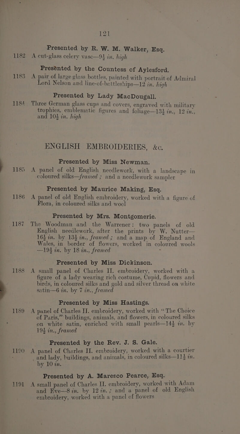 1182 1183 1184. (1187 1188 1189 1190 1191 121 Presented by R. W. M. Walker, Esq. A cut-glass celery vase—94 in. high Prestnted by the Countess of Aylesford. A pair of large glass bottles, painted with portrait of Admiral Lord Nelson and line-of-battleships—12 in. high Presented by Lady MacDougall. . Three German glass cups and covers, engraved with military trophies, emblematic figures and foliage—13} in., 12 ini, and 103 in. high ENGLISH EMBROIDERIES, &amp;c. Presented by Miss Newman. A panel of old English needlework, with a landscape in coloured silks—framed ; and a needlework sampler Presented by Maurice Making, Esq. A panel of old English embroidery, worked with a figure of Flora, in coloured silks and woo! Presented by Mrs. Montgomerie. The Woodman and the Warrener: two panels of old English needlework, after the prints by W. Nutter— 163 in. by 133 2n., framed ; and a map of England and Wales, in border of flowers, worked in coloured wools —193 in. by 18 in., framed : Presented by Miss Dickinson. A small panel of Charles If. embroidery, worked with a figure of a lady wearing rich costume, Cupid, flowers and birds, in coloured silks and gold and silver thread on white satin—6 in. by 7 in., framed Presented by Miss Hastings. A panel of Charles IT. embroidery, worked with “The Choice of Paris,” buildings, animals, and flowers, in coloured silks on white satin, enriched with small pearls—14$ em. by 195 in., framed Presented by the Rev. J. S. Gale. A panel of Charles II. embroidery, worked with a courtier and lady, buildings, and animals, in coloured silks—11} i. by 10 an. Presented by A. Maresco Pearce, Esq. A small panel of Charles II. embroidery, worked with Adam and Eve—8in. by 12¢%n.; and a panel of old English embroidery, worked with a panel of flowers