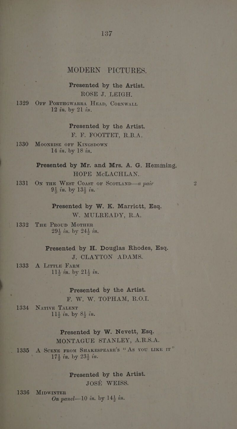 MODERN PICTURES. Presented by the Artist. ROSE J. LEIGH. 1329 Orr Portuewarra Heap, CornwaLn ‘12 in. by 21 tn. Presented by the Artist. Jeb OO?T TET, RBA. 1330 Moonrise orr Kinaspown 14 in. by 18 in. Presented by Mr. and Mrs. A. G. Hemming. HOPE McLACHLAN. 1331 On tHe West Coast or ScoTrtanp—a pair 92 in. by 135 in. Presented by W. K. Marriott, Esq. W. MULREADY, B.A. 1332 Tuer Proup MoTHER 294 in. by 244 in. Presented by H. Douglas Rhodes, Esq. J. CLAYTON ADAMS. 1333 A Lirrte Farm 114 cn. by 214 in. Presented by the Artist. Paow oW. LOPHAM, R:O.T- 1334 Native TALent 114 in. by 84 tn. Presented by W. Nevett, Esq. MONTAGUE STANLEY, A.R.8.A. - 1335 A Scene From SHAKESPEARE’S “AS YOU LIKE IT” 174 in. by 234 in. Presented by the Artist. JOSH WEISS. 1336 MIDWINTER On panel—10 in. by 145 in.