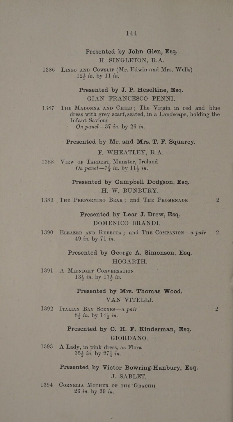 Presented by John Glen, Esq. H. SINGLETON, R.A. 1386 Lingo anp Cowsuip (Mr. Edwin and Mrs. Wells) 124 in. by 11 in. Presented by J. P. Heseltine, Esq. GIAN FRANCESCO PENNI. 1387 THe Maponna anp Cuitp; The Virgin in red and blue dress with grey scarf, seated, in a Landscape, holding the Infant Saviour On panel —37 in. by 26 in. Presented by Mr. and Mrs. T. F. Squarey. F. WHEATLEY, R.A. 1388 View or Tarspert, Munster, Ireland On panel—7# in. by 114 in. Presented by Campbell Dodgson, Esq. H. W. BUNBURY. 1389. Tur Perrorminc Bear; and THe PROMENADE bo Presented by Lear J. Drew, Esq. DOMENICO BRANDI. 1390 Exeazer AND Resecca; and THe Companion—a pair 2 49 in. by 71 in. Presented by George A. Simonson, Esq. HOGARTH. 1391 A Muipnicut CoNnvERSATION 134 in. by 174 in. Presented by Mrs. Thomas Wood. VAN VITELLI. 1392 Irauian Bay Scenes—a pair 2 84 in. by 143 in. Presented by C. H. F. Kinderman, Esq. GIORDANO. 1393 A Lady, in pink dress, as Flora 353 in. by 274 in. Presented by Victor Bowring-Hanbury, Esq. J. SABLET. 1394 CornewiIA Moruer or THE GRACHII 26 in. by 39 in.