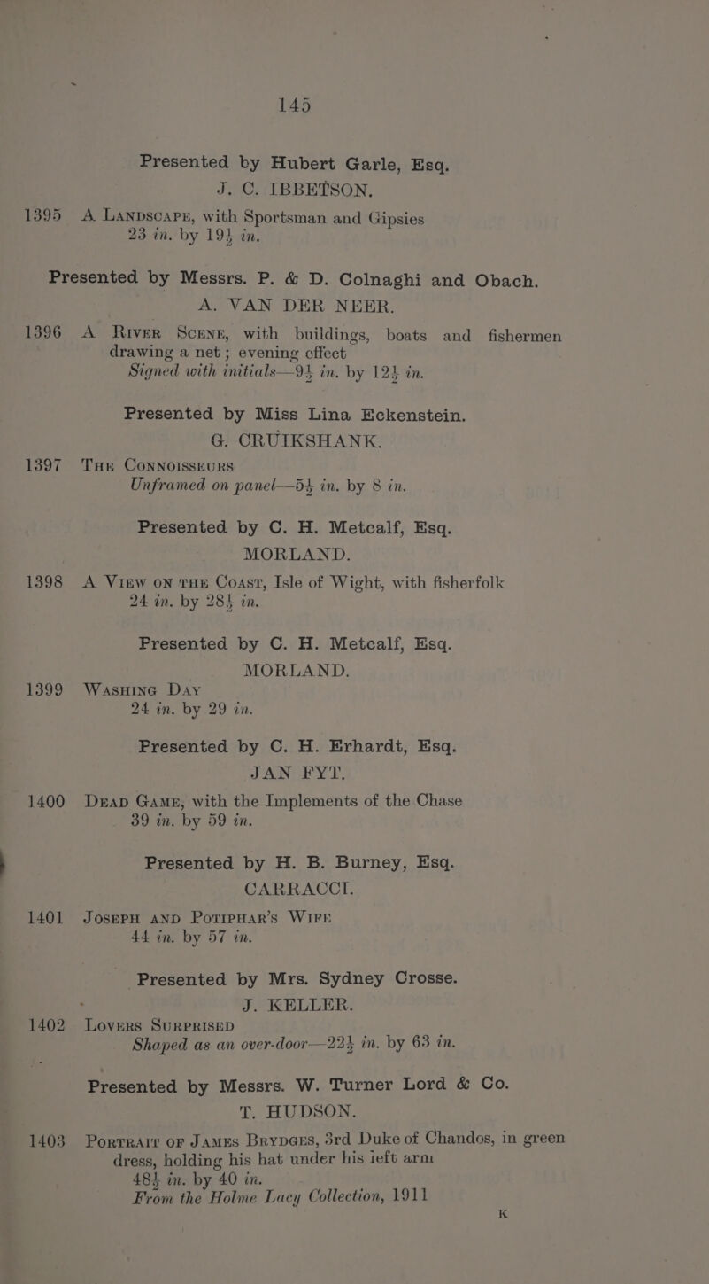 Presented by Hubert Garle, Esq. J. C. IBBETSON. 1395 A Lanpscapu, with Sportsman and Gipsies 23 an. by 193 in. Presented by Messrs. P. &amp; D. Colnaghi and Obach. A. VAN DER NEER. 13896 A River Scene, with buildings, boats and fishermen drawing a net ; evening effect Signed with initials—91 in. by 124 in. Presented by Miss Lina Eckenstein. G. CRUIKSHANK. 1397 THe CoNNOISSEURS Unframed on panel-—5% in. by 8 in. Presented by C. H. Metcalf, Esq. MORLAND. 1398 &lt;A View on THE Coast, Isle of Wight, with fisherfolk 24 in. by 285 in. Presented by C. H. Metcalf, Esq. MORLAND. 1399 WasHina Day 24 in. by 29 on. Presented by C. H. Erhardt, Esq. JAN FYT. 1400 Derap Game, with the Implements of the Chase 39 in. by 59 tn. Presented by H. B. Burney, Esq. CARRACCI. 1401 JosePH AND PoripHar’s WIFE 44 in. by 57 in. Presented by Mrs. Sydney Crosse. J. KELLER. 1402 Lovers SURPRISED Shaped as an over-door—22% in. by 63 in. Presented by Messrs. W. Turner Lord &amp; Co. T. HUDSON. 1403 Porrrarr or JAMEs Brypaes, 5rd Duke of Chandos, in green dress, holding his hat under his ieft arm 484 im. by 40 im. From the Holme Lacy Collection, 1911