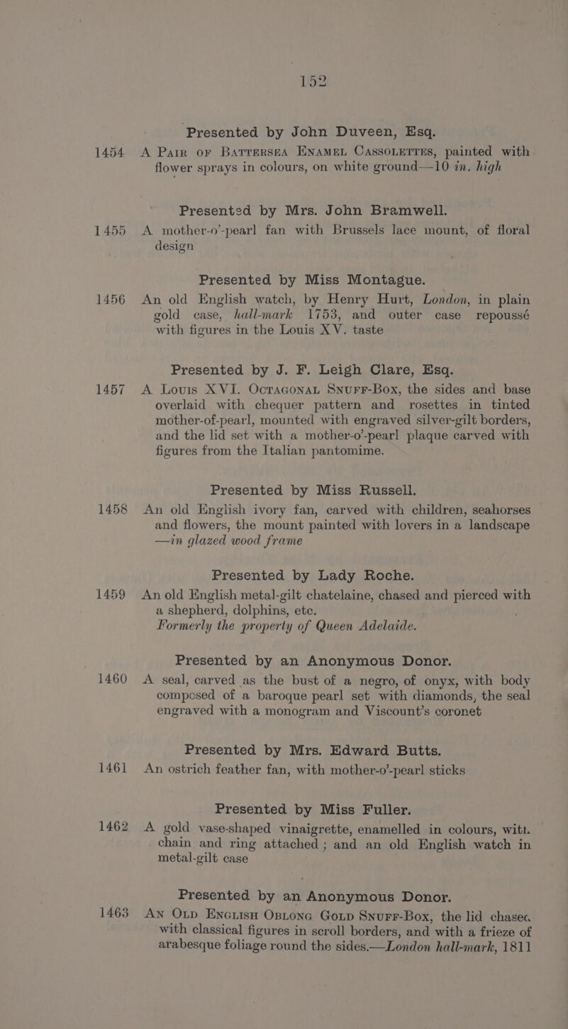 1456 1457 1458 1459 1460 1461 1462 1463 162 ‘Presented by John Duveen, Esq. A Pair or BarrerseaA ENAMEL CassoLerres, painted with flower sprays in colours, on white ground—10 in. high Present2d by Mrs. John Bramwell. A mother-o’-pearl fan with Brussels lace mount, of floral design Presented by Miss Montague. An old English watch, by Henry Hurt, London, in plain gold case, hall-mark 1753, and outer case repoussé with figures in the Louis XV. taste Presented by J. F. Leigh Clare, Esq. A Lovis XVI. OctaconaL SnuFrF-Box, the sides and base overlaid with chequer pattern and rosettes in tinted mother-of-pearl, mounted with engraved silver-gilt borders, and the lid set with a mother-o’-pearl plaque carved with figures from the Italian pantomime. Presented by Miss Russell. An old English ivory fan, carved with children, seahorses and flowers, the mount painted with lovers in a landscape in glazed wood frame Presented by Lady Roche. An old English metal-gilt chatelaine, chased and pierced with a shepherd, dolphins, etc. Formerly the property of Queen Adelaide. Presented by an Anonymous Donor. A seal, carved as the bust of a negro, of onyx, with body compesed of a baroque pearl set with diamonds, the seal engraved with a monogram and Viscount’s coronet Presented by Mrs. Edward Butts. An ostrich feather fan, with mother-o’-pearl sticks Presented by Miss Fuller. 4 gold vase-shaped vinaigrette, enamelled in colours, witt. chain and ring attached; and an old English watch in metal-gilt case Presented by an Anonymous Donor. AN Otp Eneish Optona Gorp Snurr-Box, the lid chasec with classical figures in scroll borders, and with a frieze of arabesque foliage round the sides.—London hall-mark, 1811