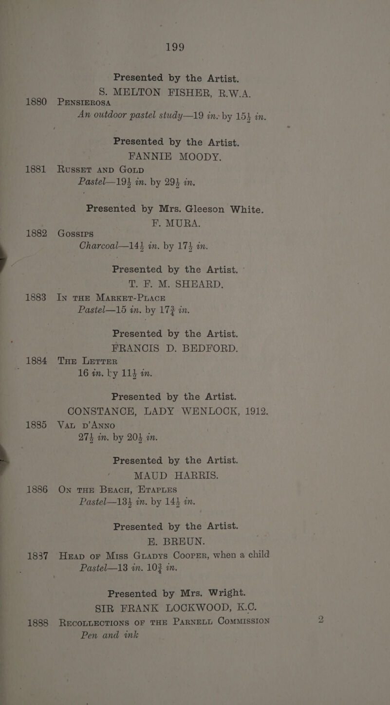 1880 1881 1882 1883 | 1884 1885 1886 1837 1888 199 Presented by the Artist. S. MELTON FISHER, B.W.A. PENSIEROSA An outdoor pastel study—19 ine by 15 4 in. Presented by the Artist. FANNIE MOODY. RussET AND GOLD Pastel—19} in. by 294 in. Presented by Mrs. Gleeson White. F. MURA. GOSSIPS Charcoal—14% in. by 174 an. Presented by the Artist. ~ T. EF. M. SHEARD. In THE MARKET-PLACE Pastel—15 in. by 17? in. Presented by the Artist. FRANCIS D. BEDFORD. Tore LETTER 16 on. by 114 an. Presented by the Artist. CONSTANCE, LADY WENLOCK, 1912. Vat D’ANNO 27k wn. by 204 an. Presented by the Artist. MAUD HARRIS. On THE BracH, ETAPLES Pastel—134 in. by 143 an. Presented by the Artist. EH. BREUN. Heap or Miss Guapys Cooper, when a child Pastel—13 in. 103 am. Presented by Mrs. Wright. SIR FRANK LOCKWOOD, K.C. RECOLLECTIONS OF THE PARNELL ComMMISSION Pen and tink bo