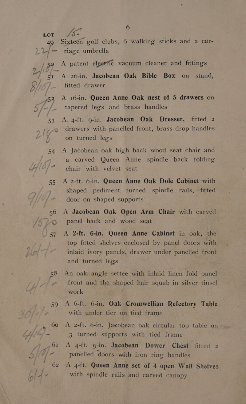 ft LOT or | 49 Sixteen golf clubs, 6 walking sticks and a car- )‘L-| = riage umbrella / 50 A patent eleetfic vacuum cleaner and fittings 7/10 [= af | 51 A 26-in. Jacobean Oak Bible Box on_ stand, LY c/_. fitted. drawer 52, A 16-in. Queen Anne Oak nest of 5 drawers on ../_ tapered legs and brass handles 53 A. 4-ft. g-in. Jacobean Oak Dresser, fitted 2 » drawers with panelled front, brass drop handles on turned legs f bly V 54 A Jacobean oak high back wood seat chair and a carved Queen Anne _ spindle back folding iffi“/ chair with velvet seat 55 A 2-ft. 6-in. Queen Anne Oak Dole Cabinet with shaped pediment turned spindle rails, fitted door on shaped supports | 56 A Jacobean Oak Open Arm Chair with carved yy panel back and wood seat 57 A 2-ft. 6-in. Queen Anne Cabinet in oak, the top fitted shelves enclosed by panel doors with inlaid ivory panels, drawer under panelled front and turned legs 58 An oak angle settee with inlaid linen fold panel front and the shaped hair squab in silver tinsel work ‘ 59 A 6-ft. 6-in. Oak Cromwellian Refectory Table é with under tier on tied frame TAN A 2-ft. 6-in. Jacobean oak circular top table on Op I han f, om 3 turned supports with tied frame 61 A 4-ft. g-in. Jacobean Dower Chest fitted 2 panelled doors- with iron ring handles | ] ; A 4-ft. Queen Anne set of 4 open Wall Shelves / with spindle rails and carved canopy