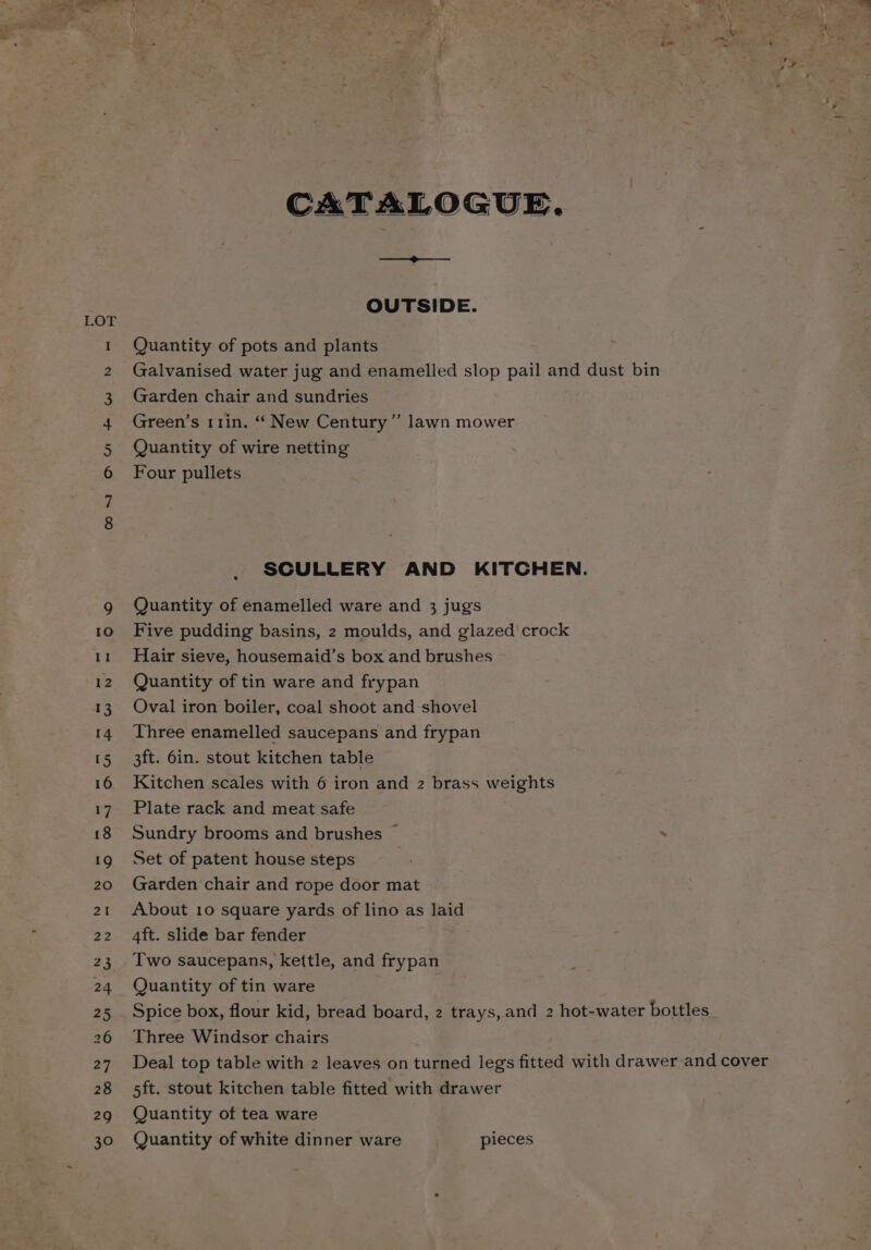 CATALOGUE. ——— a OUTSIDE. Quantity of pots and plants Galvanised water jug and enamelled slop pail and dust bin Garden chair and sundries Green’s 11in. ‘“ New Century ” lawn mower Quantity of wire netting Four pullets SCULLERY AND KITCHEN. Quantity of enamelled ware and 3 jugs Five pudding basins, 2 moulds, and glazed' crock Hair sieve, housemaid’s box and brushes Quantity of tin ware and frypan Oval iron boiler, coal shoot and shovel Three enamelled saucepans and frypan 3ft. 6in. stout kitchen table Kitchen scales with 6 iron and 2 brass weights Plate rack and meat safe Sundry brooms and brushes ~ . Set of patent house steps | Garden chair and rope door mat About 10 square yards of lino as laid 4ft. slide bar fender Two saucepans, kettle, and frypan Quantity of tin ware Spice box, flour kid, bread board, 2 trays, and 2 hot-water bottles Three Windsor chairs Deal top table with 2 leaves on turned legs fitted with drawer and cover 5ft. stout kitchen table fitted with drawer Quantity of tea ware Quantity of white dinner ware pieces