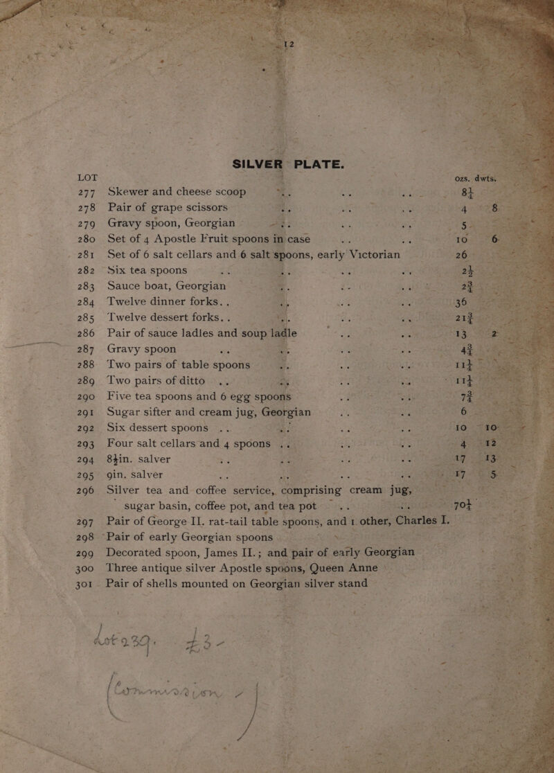 277 278 280 281 282 283 Skewer and cheese scoop oe os Raise 3 Pair of grape scissors. ia, ets BF MeN eee to Gravy spoon, Georgian © A: Te ee can Set of 4 Apostle Fruit spoons it n case : so eae ee Set of 6 salt cellars and. 6 sal ee early ackbrlans “Six tea spoons meen 2 Sauce boat, Georgian Twelve dinner forks. . Twelve dessert forks... Pair of sauce ladles and soup Tage on POD ele eee Gravy spoon 2 ee OA ee Two pairs of table spoons : ¥ fy =f &lt;a; alate wiles Two pairs of Gittd x sae ote te Dee 2 bee Five tea spoons and 6 egg’ ‘spoons y kta eee tans) Sugar sifter and cream jug, Georgian i, sone petite Six dessert spoons .. a Eve = = Four salt cellars and 4 spoons hee: aie ary 84in. salver eS Pee gin. salver oe oe gl x sugar basin, coffee pot, and tea pot Panis Pair of George II. rat-tail table spoons, and L ‘other, Pair of early Georgian spoons. eee Decorated spoon, James II.; and ais of early Geeasin CE pei Reem Three antique silver Apostle spoons, Queen Anne A e ie i i ee _ Pair of shells mounted on Georgian silver stand z