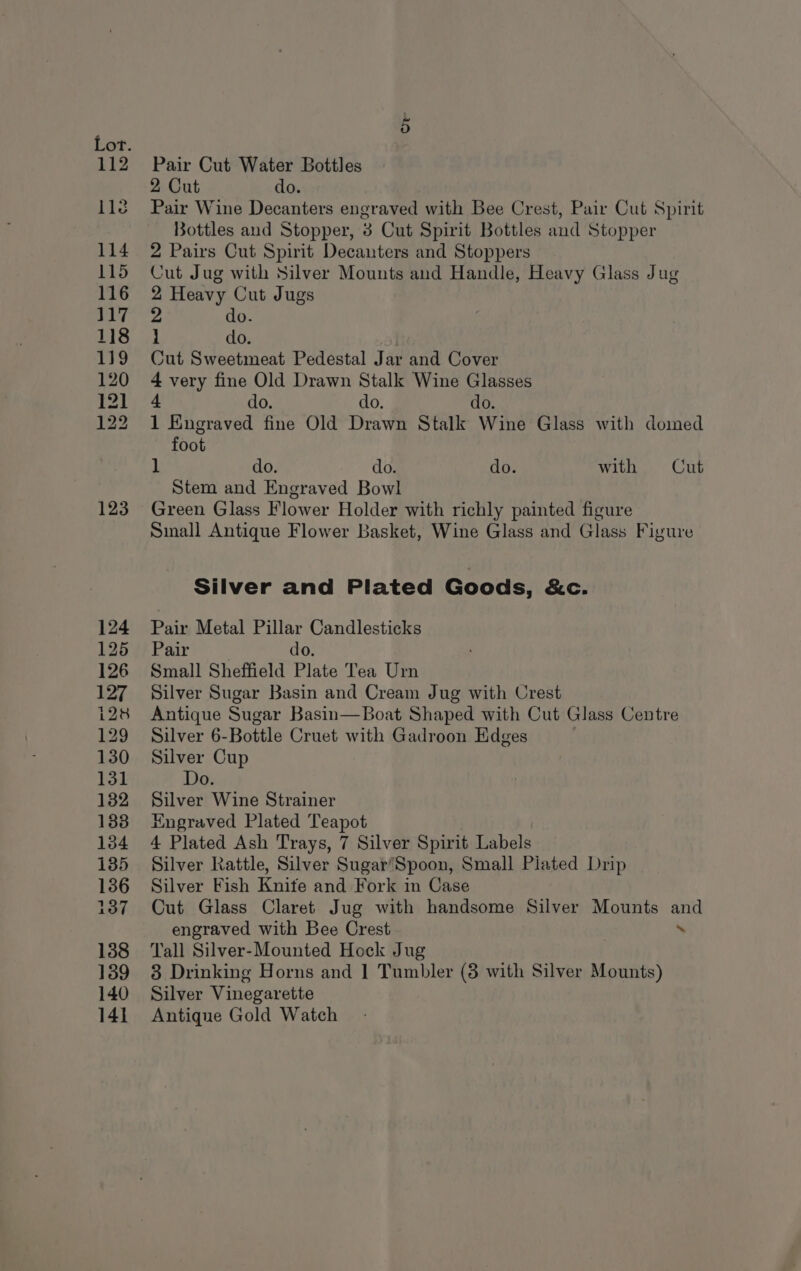 123 124 125 126 127 128 129 130 131 132 133 134 135 136 107 138 139 140 141 Pair Cut Water Bottles 2 Cut do. Pair Wine Decanters engraved with Bee Crest, Pair Cut Spirit Bottles and Stopper, 3 Cut Spirit Bottles and Stopper 2 Pairs Cut Spirit Decanters and Stoppers Cut Jug with Silver Mounts and Handle, Heavy Glass Jug 2 Heavy Cut Jugs 2 do. 1 do. . Cut Sweetmeat Pedestal Jar and Cover very fine Old Drawn Stalk Wine Glasses do. do. do. i Engraved fine Old Drawn Stalk Wine Glass with domed foot 1 do. do. do. with Cut Stem and Engraved Bowl Green Glass Flower Holder with richly painted figure Sinall Antique Flower Basket, Wine Glass and Glass Figure Silver and Plated Goods, &amp;c. Pair Metal Pillar Candlesticks Pair do. Small Sheffield Plate Tea Urn Silver Sugar Basin and Cream Jug with Crest Antique Sugar Basin—Boat Shaped with Cut Glass Centre Silver 6-Bottle Cruet with Gadroon Edges Silver Cup Do. Silver Wine Strainer Engraved Plated Teapot 4 Plated Ash Trays, 7 Silver Spirit Tabels Silver Rattle, Silver Sugar’Spoon, Small Piated Drip Silver Fish Knite and Fork in Case Cut Glass Claret Jug with handsome Silver Mounts and engraved with Bee Crest s Tall Silver-Mounted Hock Jug 8 Drinking Horns and ] Tumbler (3 with Silver Mounts) Silver Vinegarette Antique Gold Watch