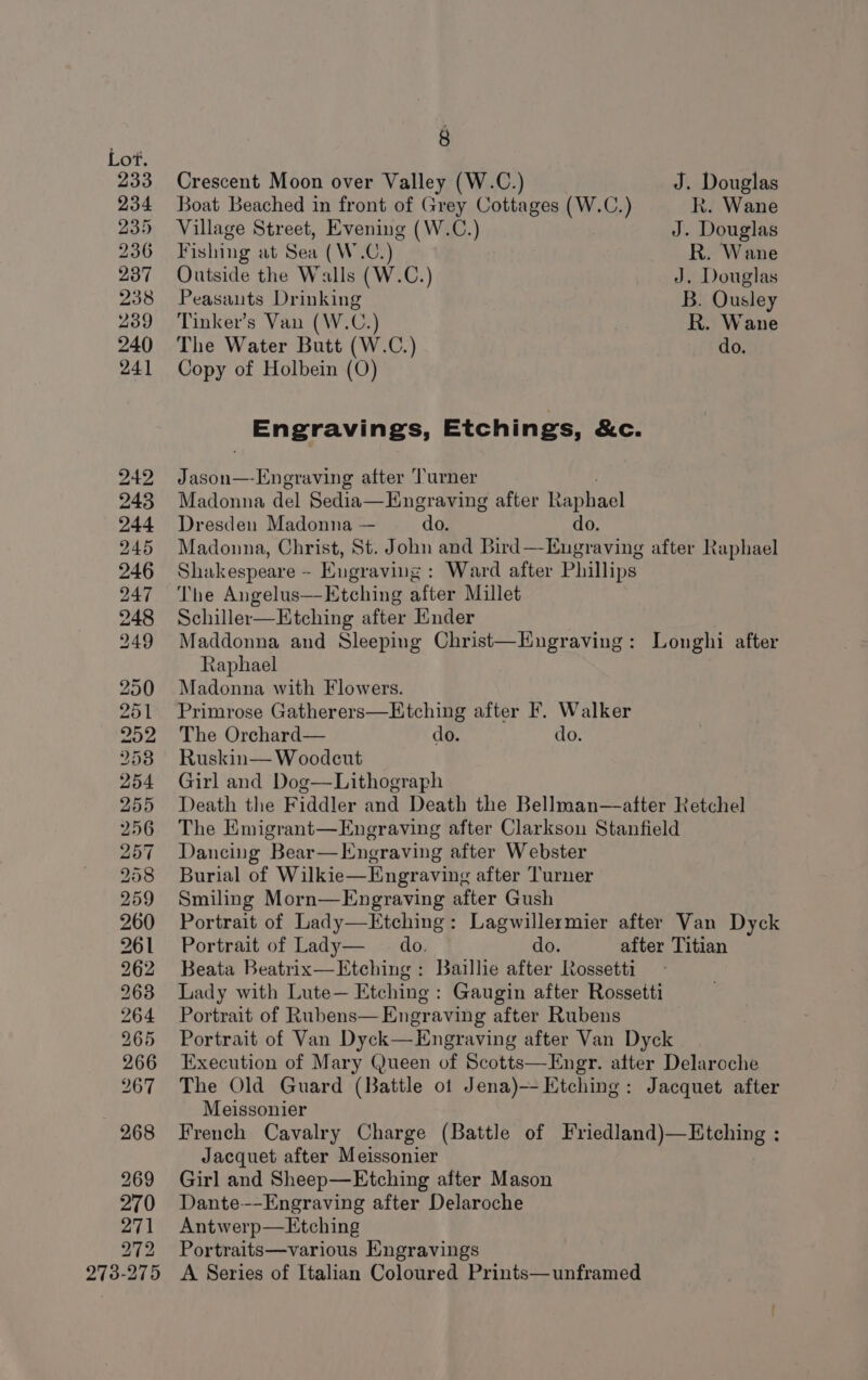 Loft, 233 234 235 236 237 238 239 240 241 242 243 244 245 246 247 248 249 250 251 202, 2538 254 255 256 257 258 259 260 261 262 263 264 265 266 267 268 269 270 271 272 273-275 8 Crescent Moon over Valley (W.C.) J. Douglas Boat Beached in front of Grey Cottages (W.C.) hk. Wane Village Street, Evening (W.C.) J. Douglas Fishing at Sea (W.C.) R. Wane Outside the Walls (W.C.) J. Douglas Peasants Drinking B. Ousley Tinker’s Van (W.C.) R. Wane The Water Butt (W.C.) do. Copy of Holbein (O) Engravings, Etchings, &amp;c. Jason—Engraving after ‘Turner Madonna del Sedia—Engraving after Raphael Dresden Madonna— - do. do. Madonna, Christ, St. John and Bird—Engraving after Raphael Shakespeare - Engraving: Ward after Phillips The Angelus—Etching after Millet Schiller—Etching after Ender Maddonna and Sleeping Christ—Hugraving: Longhi after Raphael Madonna with Flowers. Primrose Gatherers—KHtching after F. Walker The Orchard— do. do. Ruskin— Woodcut Girl and Dog—Lithograph Death the Fiddler and Death the Bellman—atter Retchel The Emigrant—Engraving after Clarkson Stanfield Dancing Bear—Engraving after Webster Burial of Wilkie—Engraving after Turner Smiling Morn—Engraving after Gush Portrait of Lady—Etching: Lagwillermier after Van Dyck Portrait of Lady— do. do. after Titian Beata Beatrix—Etching : Baillie after Rossetti Lady with Lute— Etching : Gaugin after Rossetti Portrait of Rubens— Engraving after Rubens Portrait of Van Dyck—Engraving after Van Dyck Execution of Mary Queen of Scotts—Engr. atter Delaroche The Old Guard (Battle ot Jena)—Etching: Jacquet after Meissonier French Cavalry Charge (Battle of Friedland)—Etching : Jacquet after Meissonier Girl and Sheep—Etching after Mason Dante--Engraving after Delaroche Antwerp—Etching Portraits—various Engravings A Series of Italian Coloured Prints—unframed
