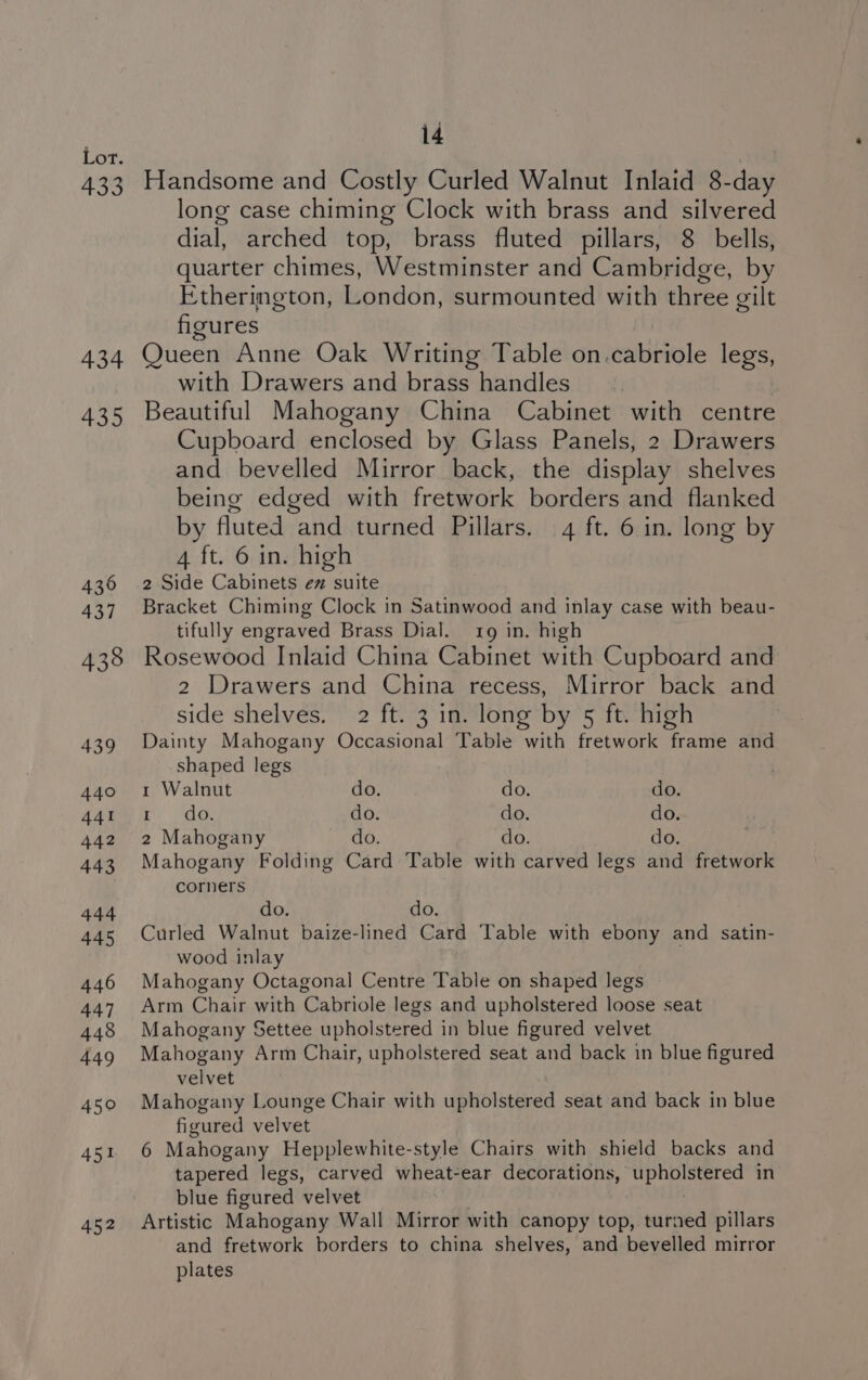 433 434 435 436 437 14 Handsome and Costly Curled Walnut Inlaid 8-day long case chiming Clock with brass and silvered dial, arched top, brass fluted pillars, 8 bells, quarter chimes, Westminster and Cambridge, by Etherington, London, surmounted with three gilt figures Queen Anne Oak Writing Table on.cabriole legs, with Drawers and brass handles Beautiful Mahogany China Cabinet with centre Cupboard enclosed by Glass Panels, 2 Drawers and bevelled Mirror back, the display shelves being edged with fretwork borders and flanked by fluted and turned Pillars. 4 ft. 6 in. long by 4 ft. 6 in. high 2 Side Cabinets ez suite Bracket Chiming Clock in Satinwood and inlay case with beau- tifully engraved Brass Dial. 19 in. high Rosewood Inlaid China Cabinet with Cupboard and 2 Drawers and China recess, Mirror back and side shelves. 2 ft. 3 in. long by 5 ft. high Dainty Mahogany Occasional Table with fretwork frame and shaped legs 1 Walnut do. do. do. re ae. do. do. do. 2 Mahogany do. do. do. Mahogany Folding Card Table with carved legs and fretwork corners do. do. Curled Walnut baize-lined Card Table with ebony and satin- wood inlay | Mahogany Octagonal Centre Table on shaped legs Arm Chair with Cabriole legs and upholstered loose seat Mahogany Settee upholstered in blue figured velvet Mahogany Arm Chair, upholstered seat and back in blue figured velvet Mahogany Lounge Chair with upholstered seat and back in blue figured velvet 6 Mahogany Hepplewhite-style Chairs with shield backs and tapered legs, carved wheat-ear decorations, le ih in blue figured velvet Artistic Mahogany Wall Mirror with canopy top, turned pillars and fretwork borders to china shelves, and bevelled mirror plates