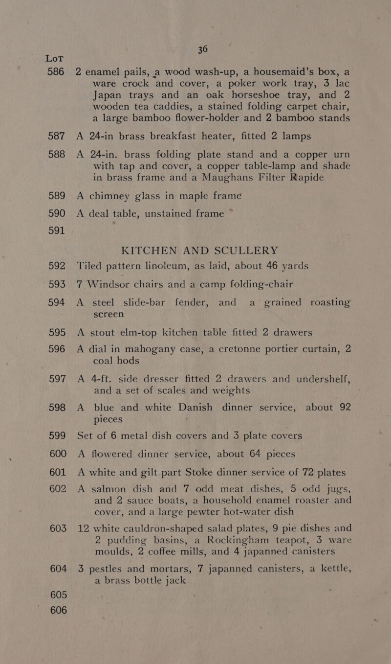 586 587 588 589 590 591 592 593 594 595 596 597 598 599 600 601 602 603 604 605 606 36 2 enamel pails, a wood wash-up, a housemaid’s box, a ware crock and cover, a poker work tray, 3 lac Japan trays and an oak horseshoe tray, and 2 wooden tea caddies, a stained folding carpet chair, a large bamboo flower-holder and 2 bamboo stands A 24-in brass breakfast heater, fitted 2 lamps A 24-in. brass folding plate stand and a copper urn with tap and cover, a copper table-lamp and shade in brass frame and a Maughans Filter Rapide — A chimney glass in maple frame A deal table, unstained frame — KITCHEN AND SCULLERY Tiled pattern linoleum, as laid, about 46 yards 7 Windsor chairs and a camp folding-chair A steel slide-bar fender, and a’ grained roasting screen A stout elm-top kitchen table fitted 2 drawers A dial in mahogany case, a cretonne portier curtain, 2 coal hods A 4-ft. side dresser fitted 2 drawers and undershelf, and a set of scales and weights A blue and white Danish dinner service, about 92 pieces ‘ Set of 6 metal dish covers and 3 plate covers A flowered dinner service, about 64 pieces A white and gilt part Stoke dinner service of 72 plates A salmon dish and 7 odd meat dishes, 5 odd jugs, and 2 sauce boats, a household enamel roaster and cover, and a large pewter hot-water dish 12 white cauldron-shaped salad plates, 9 pie dishes and 2 pudding basins, a Rockingham teapot, 3 ware moulds, 2 coffee mills, and 4 japanned canisters 3 pestles and mortars, 7 japanned canisters, a kettle, a brass bottle jack