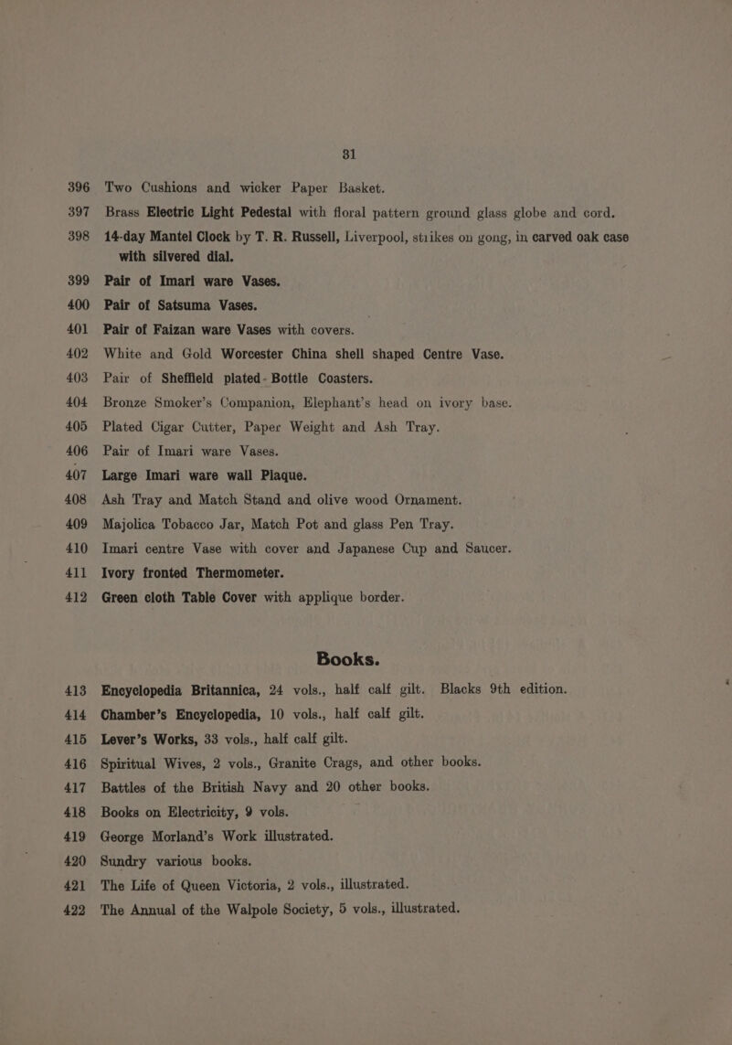 396 397 398 399 400 401 402 403 404 405 406 407 408 409 410 411 412 413 414 415 416 417 418 419 420 421 31 Two Cushions and wicker Paper Basket. Brass Electrie Light Pedestal with floral pattern ground glass globe and cord. 14-day Mantel Clock by T. R. Russell, Liverpool, stiikes on gong, in earved oak case with silvered dial. Pair of Imari ware Vases. Pair of Satsuma Vases. Pair of Faizan ware Vases with covers. White and Gold Worcester China shell shaped Centre Vase. Pair of Sheffield plated- Bottle Coasters. Bronze Smoker’s Companion, Elephant’s head on ivory base. Plated Cigar Cutter, Paper Weight and Ash Tray. Pair of Imari ware Vases. Large Imari ware wall Plaque. Ash Tray and Match Stand and olive wood Ornament. Majolica Tobacco Jar, Match Pot and glass Pen Tray. Imari centre Vase with cover and Japanese Cup and Saucer. Ivory fronted Thermometer. Green cloth Table Cover with applique border. Books. Encyclopedia Britannica, 24 vols., half calf gilt. Blacks 9th edition. Chamber’s Encyclopedia, 10 vols., half calf gilt. Lever’s Works, 33 vols., half calf gilt. Spiritual Wives, 2 vols., Granite Crags, and other books. Battles of the British Navy and 20 other books. Books on Electricity, 9 vols. George Morland’s Work illustrated. Sundry various books. The Life of Queen Victoria, 2 vols., illustrated.