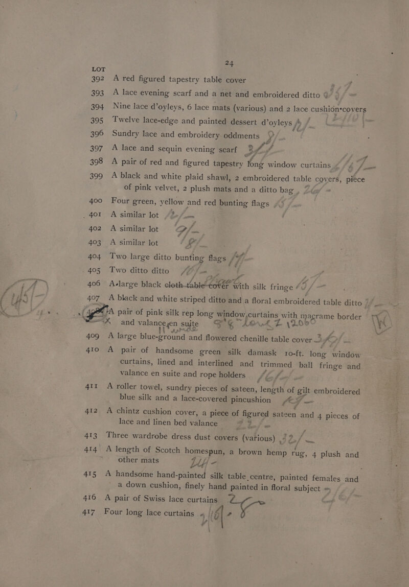 392 393 394 395 396 397 oo 4.00 411 412 413 415 416 24 A red figured tapestry table cover a, A lace evening scarf and a net and embroidered ditto 4 Nine lace d’oyleys, 6 lace mats (various) and 2 lace Cusaica ce yee Twelve lace-edgie and painted dessert d’ oyleys /» rd lis Sundry lace and embroidery oddments y A lace and sequin evening scarf 4. 5 Ss &lt; 6 a cl A pair of red and figured tapestry long window curtains « 4 y frm Ps A black and white plaid shawl, 2 embroidered LABle covers, piece of pink velvet, 2 plush mats and a ditto bag , Four green, yellow and red bunting flags , ‘t A similar lot /20/ =.= A similar lot Pla : A similar lot ev fag Two large ditto sais” flags ff Two ditto ditto “4 Vi A-large black cloth oil Cath silk fringe ¢ A black and white striped ditto anda floral embroidered table ditto // ra * 7. - and valance;en suite ¥ AM AE yD AWG A large blue-ground and flowered chenille patie cover 2% ‘ A pair of handsome green silk damask 1o-ft. long Andee curtains, lined and interlined and trimmed ball fringe and - * valance en suite and rope holders b beak A roller towel, sundry pieces of sateen, “lene of gilt embroidered blue silk and a lace-covered Ppincushion #% —. A chintz cushion cover, a piece of ne ured sateen and 4 pieces of lace and linen bed valance . Pa Three wardrobe dress dust covers gCnieree LG gue A length of Scotch homespun, a brown ie rug, 4 plush and other mats Uh - Ly A handsome hand- -painted silk table centre, painted females and a down cushion, finely hand painted in floral Subject = “