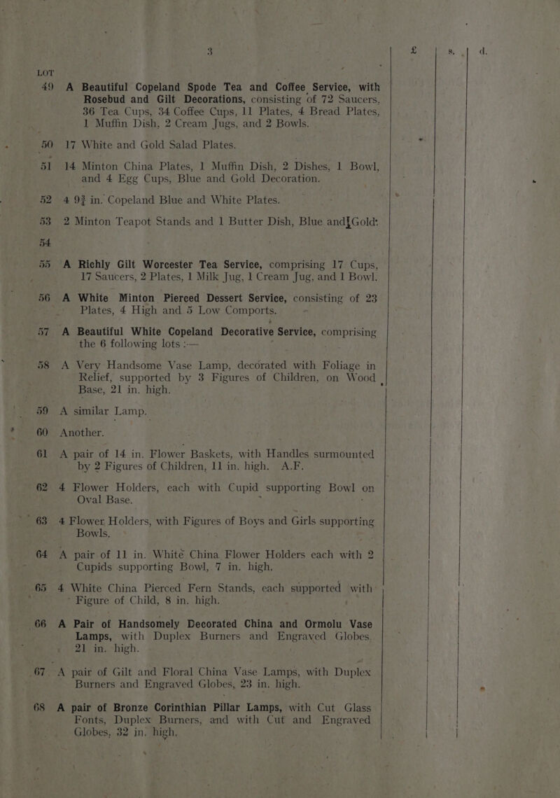 49 A Beautiful Copeland Spode Tea and Coffee Service, with Rosebud and Gilt Decorations, consisting of 72 Saucers, 36 Tea Cups, 34 Coffee Cups, 11 Plates, 4 Bread Plates, 1 Muffin Dish, 2 Cream Jugs, and 2 Bowls. 50° 17 White and Gold Salad Plates. 51 14 Minton China Plates, 1 Muffin Dish, 2 Dishes, 1 Bowl, and 4 Egg Cups, Blue and Gold Decoration. 52 4 9% in. Copeland Blue and White Plates. 53 2 Minton Teapot Stands and 1 Butter Dish, Blue and{Gold: 54 55 A Richly Gilt Worcester Tea Service, comprising 17 Cups, 17 Saucers, 2 Plates, 1 Milk Jug, 1 Cream Jug, and 1 Bowl. 56 A White Minton Pierced Dessert Service, consisting of 23 Plates, 4 High and 5 Low OmpOr 57 A Beautiful White Copeland Decorative Service, comprising the 6 following lots :— 58 A Very Handsome Vase Lamp, decorated with Foliage in Relief, supported by 3 Figures of Children, on Wood Base, 21 in. high. ; 59 A similar Lamp. 60 Another. 61 A pair of 14 in. F lower Baskets, with Handles surmounted by 2 Figures of Children, 11 in. high. A.F. 62 4 Flower Holders, each with Cupid supporting BOWE. on Oval Base. 63 4 Flower, Holders, with Figures of Boys and Girls ee Bowls. 64 A pair of 11 in. White China Flower Holders each with 2 Cupids supporting Bowl, 7 in. high. 65 4 White China Pierced Fern Stands, each supported with’ ‘ Figure of Child, 8 in. high. . 66 A Pair of Handsomely Decorated China and Ormolu Vase Lamps, with Duplex Burners and Engraved Globes. 21 in. high. 67, A pair of Gilt and Floral China Vase Lamps, with Duplex Burners and Engraved Globes, 23 in. high. 68 A pair of Bronze Corinthian Pillar Lamps, with Cut Glass Fonts, Duplex Burners, and with Cut and Engraved Globes, 32 in, high, .
