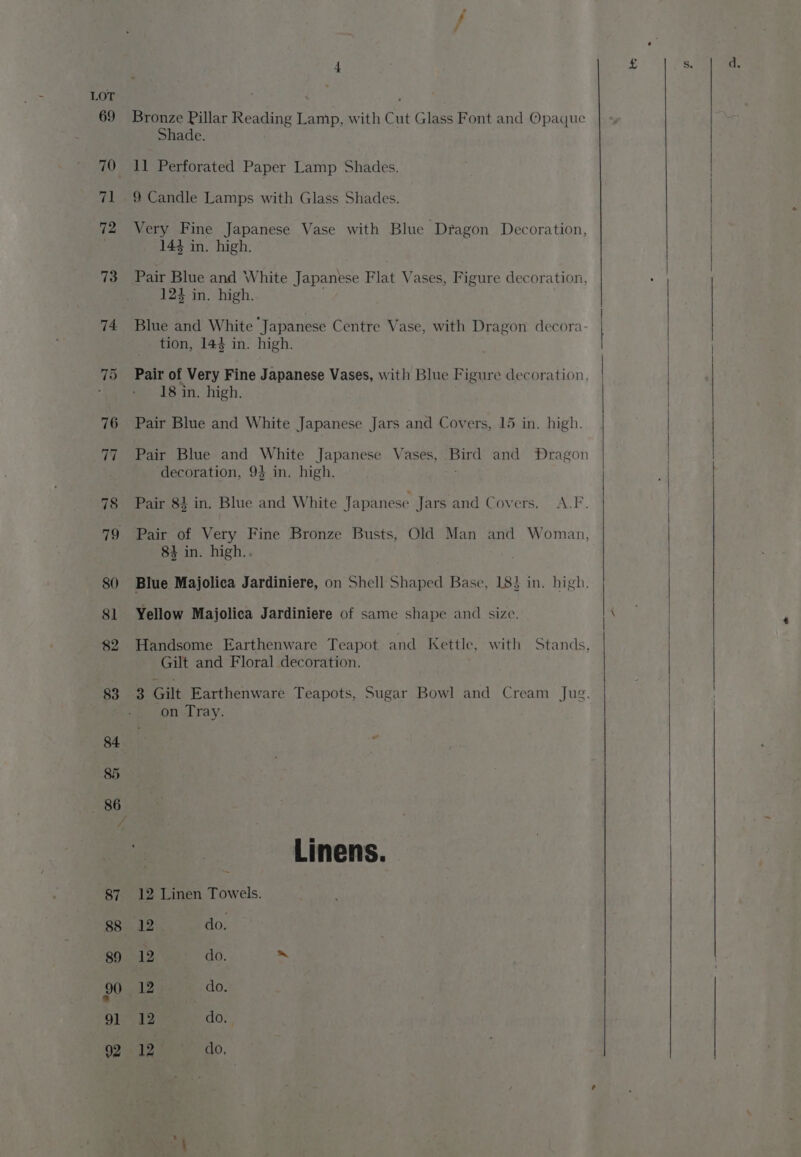 73 74 Bronze Pillar Reading Lamp, with Cut Glass Font and Opaque Shade. 11 Perforated Paper Lamp Shades. 9 Candle Lamps with Glass Shades. Very Fine Japanese Vase with Blue Dragon Decoration, 144 in. high. Pair Blue and White Japanese Flat Vases, Figure decoration, 123 in. high. Blue and White Japanese Centre Vase, with Dragon decora- tion, 144 in. high. Pair of Very Fine Japanese Vases, with Blue Figure decoration, 18 in. high. Pair Blue and White Japanese Jars and Covers, 15 in. high. Pair Blue and White Japanese Vases, Bird and Dragon decoration, 94 in. high. Pair 84 in. Blue and White Japanese Jars and Covers. A.F. Pair of Very Fine Bronze Busts, Old Man and Woman, 84 in. high.. Blue Majolica Jardiniere, on Shell Shaped Base, L183 in. high. Yellow Majolica Jardiniere of same shape and size. Handsome Earthenware Teapot and Kettle, with Stands, Gilt and Floral decoration. 3 Gilt Earthenware Teapots, Sugar Bowl and Cream Jug. on Tray. Linens. 12 Linen Towels. 12%. do. 12 do. ~ 12 do. 12 do.