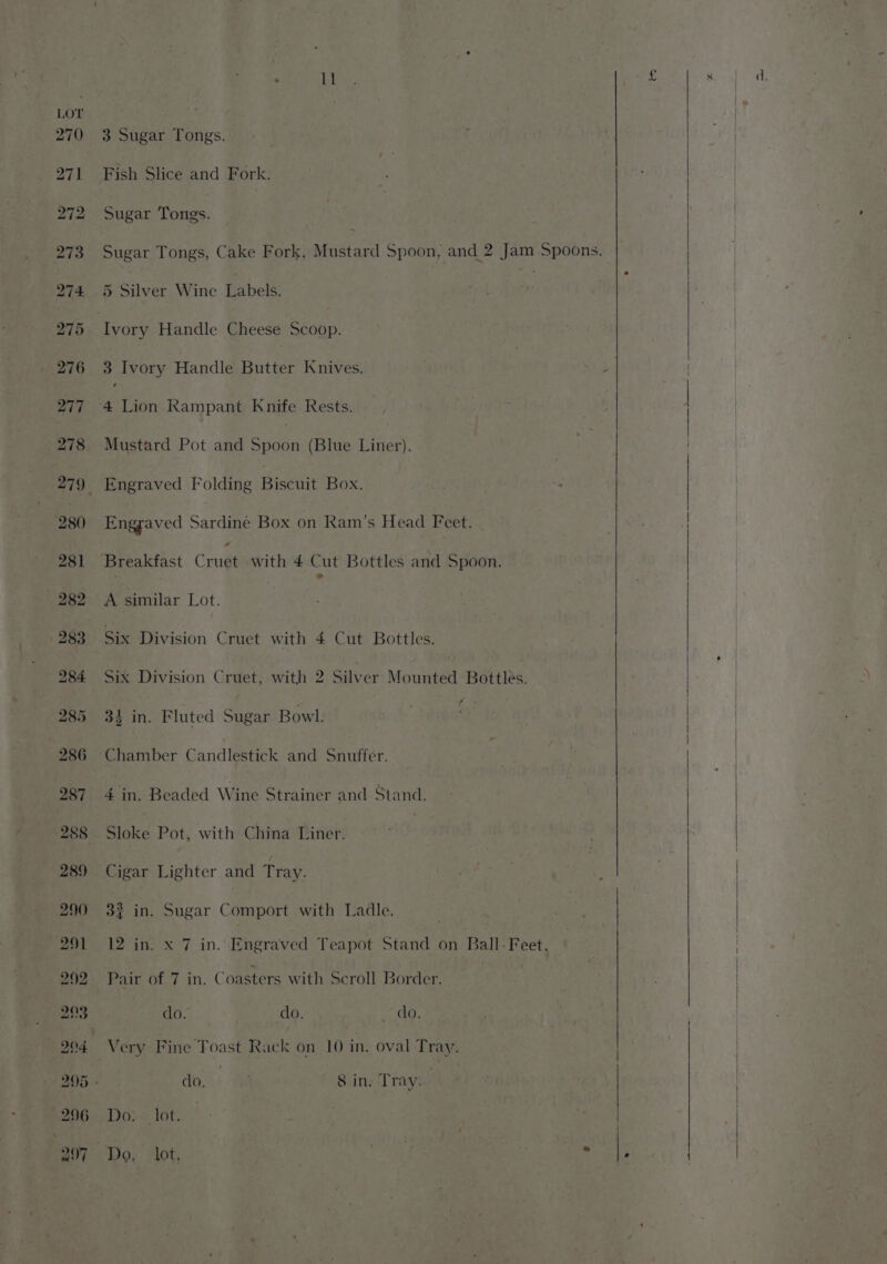 271 Fish Slice and Fork. 272 Sugar Tongs. 273 Sugar Tongs, Cake Fork, Mustard Spoon, and 2 Jam Spoons. 274 5 Silver Wine Labels. 275 Ivory Handle Cheese Scoop. 276 3 Ivory Handle Butter Knives. 2 | 277 4 Lion Rampant Knife Rests. 278 Mustard Pot and Scan (Blue Liner). nf 279 Engraved Folding Bisewt Box, 280 Engraved Sardine Box on Ram’s Head Feet. 281 Breakfast Crude with 4 Cut Bottles and Spoon. 282 A similar Lot. 283 Six Division Cruet with 4 Cut Bottles. 284 Six Division Cruet, with 2 Silver Mounted Bottles. 285 3} in. Fluted Sea Bowl. 286 Chamber Candlestick and Snuffer. 287 4 in. Beaded Wine Strainer and Stand. 288 Sloke Pot, with China Liner. 289 Cigar Lighter and Tray. 290 32 in. Sugar Comport with Ladle. | 291 12 in. x 7 in. Engraved Teapot Stand on Ball. Feet. 292 Pair of 7 in. Coasters with Scroll Border. 293 do. do. do. 204 Very Fine Toast Rack on 10 in. oval Tray. | 295 do. | 8 in. Tray. | S206 4 10;.«, lot. | 297 Do, lot. ORS abe