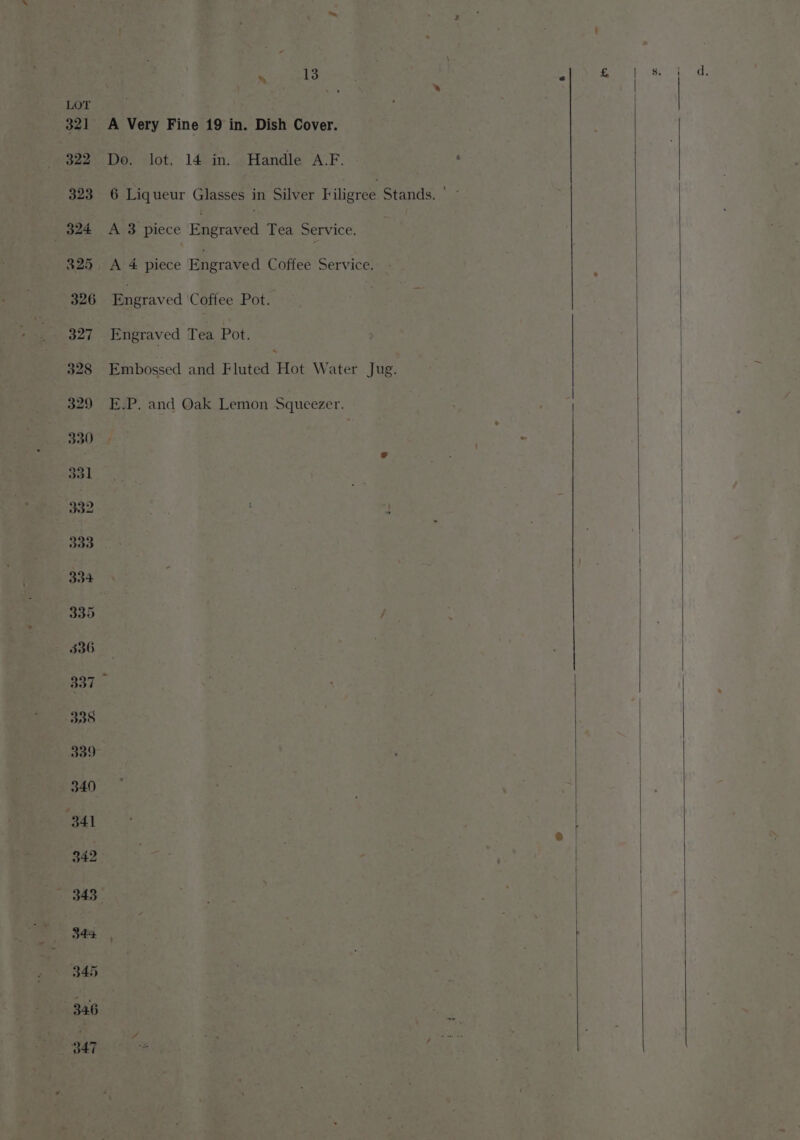 rt ced A Very Fine 19 in. Dish Cover. Do. lot. 14 in. Handle A.F. A 3 piece Engraved Tea Service. A 4 piece Engraved Coffee Service. Engraved Coffee Pot. Engraved Tea Pot. Embossed and Fluted Hot Water Jug. E.P. and Oak Lemon Squeezer.