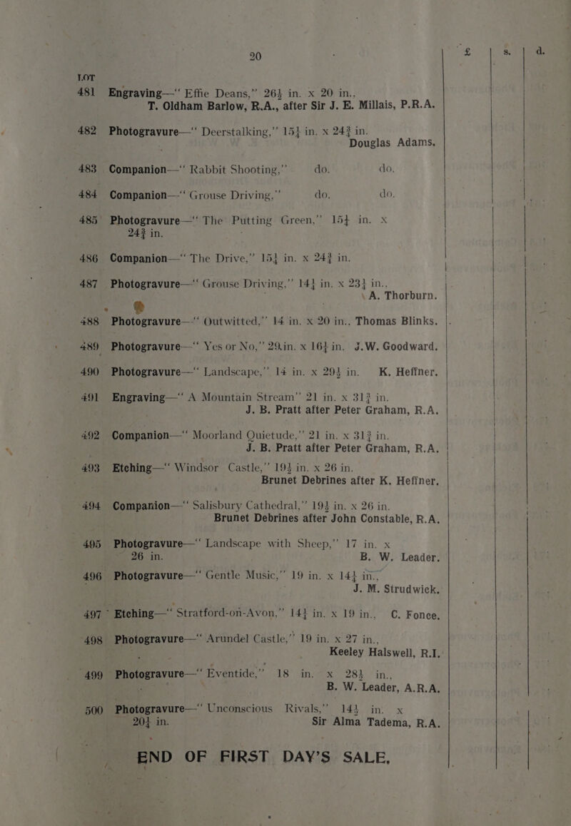 LOT 481 Engraving—‘ Effie Deans,” 264 in. x 20 in., T. Oldham Barlow, R.A., after Sir J. E. Millais, P.R.A. 482 Photogravure—‘ Deerstalking,’”’ 15} in, x 24? in. Douglas Adams. 483 Companion—‘‘ Rabbit Shooting,” do. do. | 484 Companion—‘‘ Grouse Driving,” do, do. 485 Photogravure—‘ The Putting Green,” 154 in. x 24? in. 486 Companion—‘ The Drive,” 154 in. x 24} in. 487 Photogravure—‘ Grouse Driving,” 14} in. x 23} in., .A. Thorburn. 488 Photogravure—-‘ Outwitted,”’ 14 in. x 20 in., Thomas Blinks. 490 Photogravure—‘ Landscape,” 14 in. x 293 in. K. Heffner, 491 Engraving—‘‘ A Mountain Stream” 21 in. x 31} in. J. B. Pratt after Peter Graham, R.A. 492 Companion—‘“ Moorland Quietude,’’ 21 in. x 31? in. J. B. Pratt after Peter Graham, R.A. 493 Etehing—‘‘ Windsor Castle,’’ 193 in. x 26 in. | 489 Photogravure—‘“ Yes or No,” 29in. x 164in. J.W. Goodward. Brunet Debrines after K. Heffner. 494 Companion— Salisbury Cathedral,” 19} in. x 26 in. Brunet Debrines after John Constable, R.A. 495 Photogravure—‘‘ Landscape with Sheep,”’ 17 in. x Seer: 12). B. W. Leader. 496 Photogravure—‘ Gentle Music,’ 19 in. x 14} in., ; J. M. Strudwick. 497 : Etching —“ Stratford-on-Avon,” 144 in. x 19 in., OC. Fonee. 498 Photogravure—‘‘ Arundel Castle,” 19 in. x 27 in., Keeley Halswell, R.I.: 499 Photogravure—‘‘ Eventide,” 18 Ane 284 - in., B. W. Leader, A.R.A, 500 Photogravure—‘‘ Unconscious Rivals,” 144 int. x 204 in. Sir Alma Tadema, R.A. _ END OF FIRST DAY’S SALE,