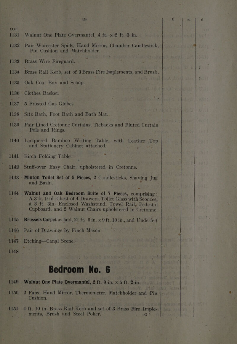 Pair Worcester Spills, Hand Mirror, Chamber Candlestick, Pin Cushion and Matchholder. \ Brass Wire Fireguard. Oak Coal Box and Scoop. Clothes Basket. 5 Frosted Gas. Globes. Sitz Bath, Foot Bath and Bath Mat. Pair Lined Cretome Curtains, Tiebacks and F luted Curtain Pole and Rings. Lacquered Bamboo Writing Table, with Leather Top and Stationery Cabinet attached. . / Birch Folding Table. Stuff-over Easy Chair, upholstered in Cretonne. and Basin. = Walnut and Oak Bedroom Suite of 7 Pieces, comprising : A 3 ft. 9 in. Chest of 4 Drawers, Toilet Glass with Sconces, a 3 ft. 3in. Enclosed Washstand, Towel Rail, Pedestal Cupboard, and 2 Walnut Chairs upholstered in Cretonne. Pair of Drawings by F incl Mason. Richine—=Canal Scene. % Bedroom No. 6 Walnut One Plate Overmantel, 2 ft. 9in. x 5 ft, 2 in. 4 Cushion. ments, Brush and Steel Poker, (6)