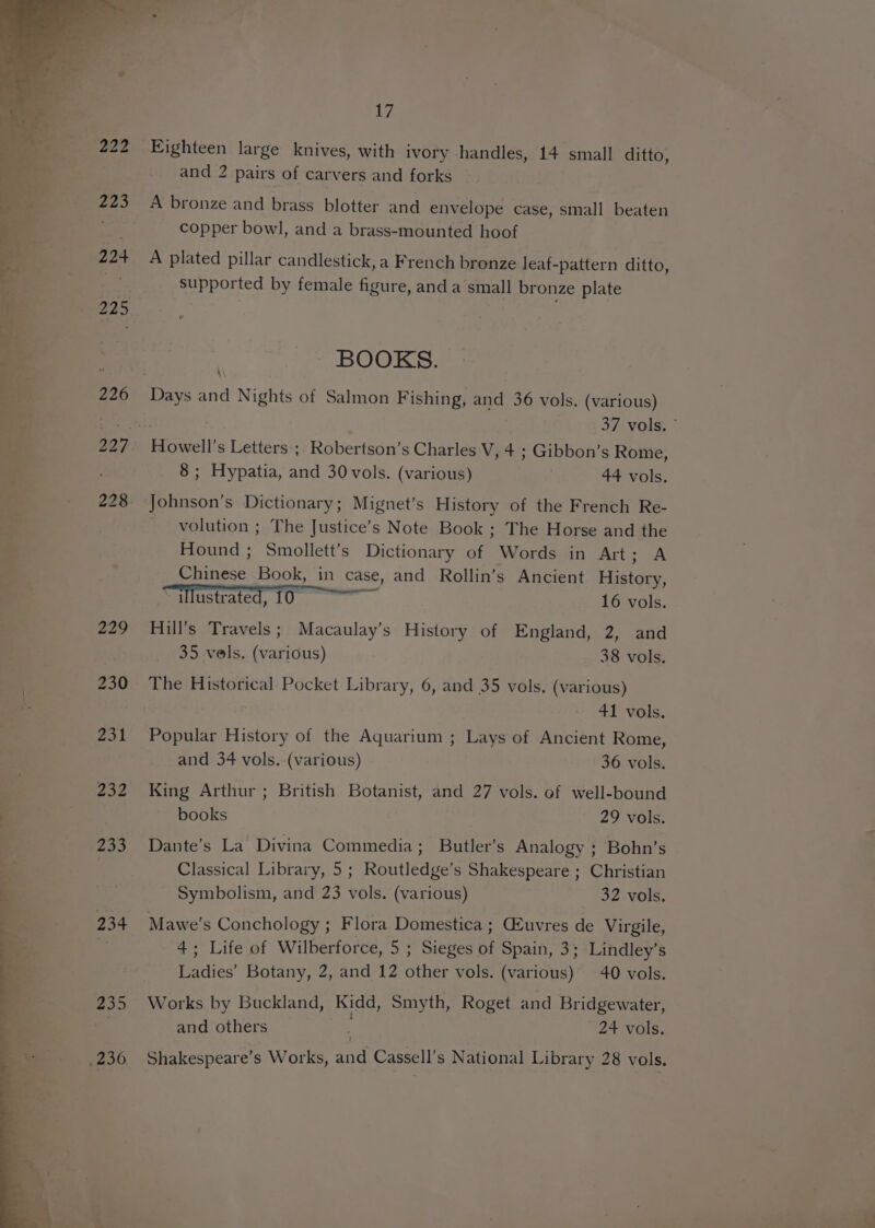 229 230 231 22 233 234 235 i, and 2 pairs of carvers and forks A bronze and brass blotter and envelope case, small beaten copper bow], and a brass-mounted hoof A plated pillar candlestick, a French bronze leaf-pattern ditto supported by female figure, anda small bronze plate d i BOOKS. Days and Nights of Salmon Fishing, and 36 vols. (various) 37 vols. © 8; Hypatia, and 30 vols. (various) 44 vols. Johnson’s Dictionary; Mignet’s History of the French Re- _ volution ; The Justice’s Note Book ; The Horse and the Hound ; Smollett’s Dictionary of Words in Art; A Chinese Book, in case, and Rollin’s Ancient History, illustrated, 10 aie 16 vols. Hill’s Travels; Macaulay’s History of England, 2, and 35 vols. (various) 38 vols. The Historical Pocket Library, 6, and 35 vols. (various) 41 vols. Popular History of the Aquarium ; Lays of Ancient Rome, and 34 vols. (various) 36 vols. King Arthur ; British Botanist, and 27 vols. of well-bound books 29 vols. Dante’s La Divina Commedia; Butler’s Analogy ; Bohn’s Classical Library, 5; Routledge’s Shakespeare ; Christian Symbolism, and 23 vols. (various) 32 vols. Mawe’s Conchology ; Flora Domestica ; GEuvres de Virgile, 4; Life of Wilberforce, 5 ; Sieges of Spain, 3; Lindley’s Ladies’ Botany, 2, and 12 other vols. (various) 40 vols. and others ' 24 vols. Shakespeare’s Works, and Cassell’s National Library 28 vols.