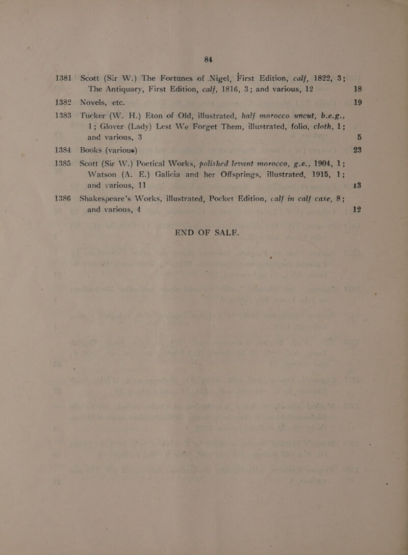 84 1381 Scott (Sir W.) The Fortunes of Nigel, First Edition, calf, 1822, 3; The Antiquary, First Edition, calf, 1816, 3; and various, 12 1382 Novels, ‘etc. 1383. Tucker (W. H.) Eton of Old, illustrated, half morocco uncut, b.e.g., 1; Glover. (Lady) Lest We Forget Them, illustrated, folio, cloth, 1; and various, 3 1384 Books (various) 1385. Scott (Sir W.) Poetical Works, polished levant morocco, g.e., 1904, 1; Watson (A. E.) Galicia and her Offsprings, illustrated, 1915, 1; and various, 11 1386 Shakespeare’s Works, illustrated, Pocket Edition, calf in calf case, 8; and various, 4 END°OF SALE.