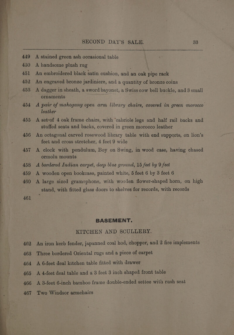 449 450 451 452 453 454 455 456 457 458 459 460 461 462 463 464 465 466 467 A stained green ash occasional table A handsome plush rug ; | An embroidered black satin cushion, and an oak pipe rack An engraved bronze jardiniere, and a quantity of bronze coins A dagger in sheath, a sword bayonet, a Swiss cow bell buckle, and 3 small ornaments A pair of mahogany open arm library chairs, covered in green morocco leather A seteof 4 oak frame chairs, with “cabriole legs and half rail backs and stuffed seats and backs, covered in green morocco leather An octagonal carved rosewood library table with end supports, on lion’s feet and cross stretcher, 4 feet 9 wide A clock with pendulum, Boy on Swing, in wood case, having chased ormolu mounts ) A bordered Indian carpet, deep blue ground, 15 feet by 9 feet A wooden open bookcase, painted white, 5 feet 6 by 3 feet 6 A large sized gramophone, with wooden flower-shaped horn, on high stand, with fitted glass doors to shelves for records, with records BASEMENT. KITCHEN AND SCULLERY. An iron kerb fender, japanned coal hod, chopper, and 2 fire implements Three bordered Oriental rugs and a piece of carpet A 6-feet deal kitchen table fitted with drawer A 4-feet deal table and a 3 feet 3 inch shaped front table A 8-feet 6-inch bamboo frame double-ended settee with rush seat Two Windsor armchairs