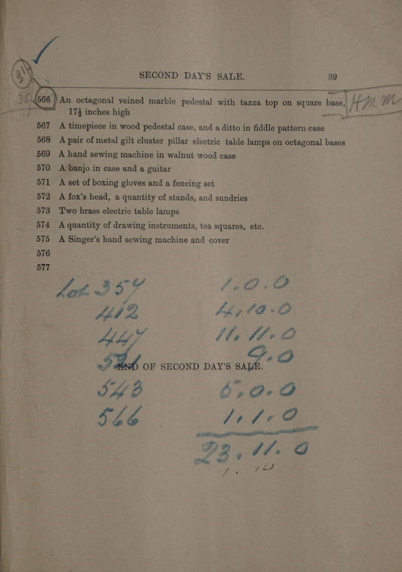 173 inches high . vs Be A timepiece in wood pedestal case, and a ditto in fiddle pattern case A pair of metal gilt cluster pillar electric table lamps on octagonal bases A hand sewing machine in walnut wood case A banjo in case and a guitar A set of boxing gloves and a fencing set A fox’s head, a quantity of stands, and sundries Two brass electric table lamps A quantity of drawing instruments, tea squares, etc. A Singer’s hand sewing machine and cover oe oo a Aiden Li,pl3E-O Alf Vhs ff @ oh. OF ee DAY'S ae ad SBE $208 ae. ese