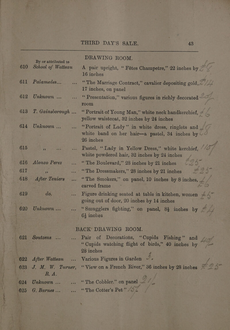 ~ 620 . 621 DRAWING ROOM. By or attributed to School of Watteaw A pair upright, “ Fétes Champetre,” 22 inches by 16 inches palamedes, .. “The Marriage Contract,” cavalier depositing gold, YU 17 inches, on panel TOT: ... “Presentation,” various figures in richly decorated room | | T. Gainsborough ... ‘ Portrait of Young Man,” white neck handkerchief, 3 yellow waistcoat, 32 inches by 24 inches Unknown ... ... ‘Portrait of Lady’’ in white dress, ringlets and . white band on her hair—a pastel, 84 inches by ~: 26 inches s 2 ... Pastel, ‘“‘ Lady in Yellow Dress,’ white kerchief, white powdered hair, 32 inches by 24 inches Alonzo Perez ... “ The Boulevard,’’ 28 inches by 21 inches : wr ... ‘The Dressmakers,’’ 28 inches by 21 inches ‘ carved frame do. oe Figure drinking seated at table in kitchen, women A : going out of door, 20 inches by 14 inches fs Unknown ... ... “Smugglers fighting,’ on panel, 84 inches by 63 inches BACK’ DRAWING ROOM. Soutzens ... .... Pair of Decorations, “Cupids Fishing” and Lit ae “Cupids watching flight of birds,” 40 inches by — 28 inches | * After Watteau ... Various Figures in Garden J. f J. M. W. Turner, “View ona French River,” 36 inches by 28 inches R. A. | ee | Unknown... ..._ “ The Cobbler.” on panel . At G. Barnes... ... “The Cotter’s Pet” “0 2