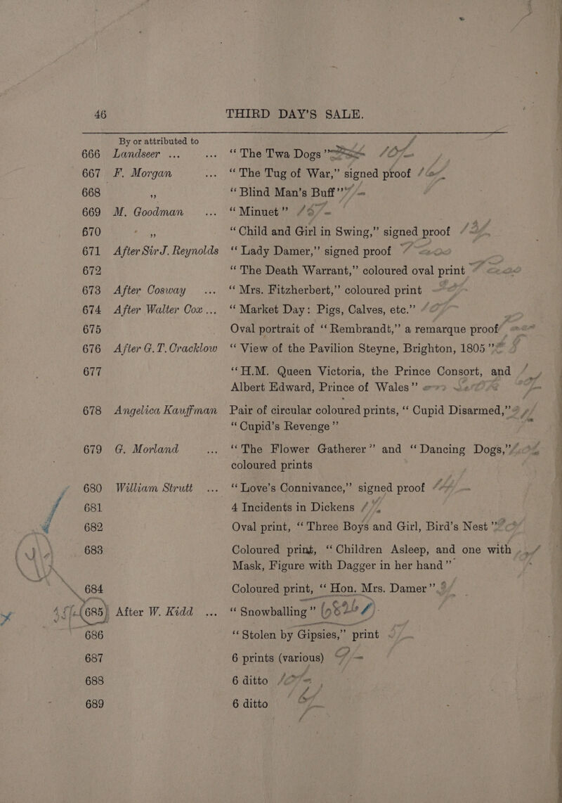666 668 669 670 671 672 673 674 675 676 677 678 679 686 687 688 689 By or attributed to Landseer ... F. Morgan 99 M. Goodman After Sir J. Reynolds After Cosway After Walter Cox .. After G.T. Cr aye Angelica Kauffman G. Morland William Strutt After W. Kidd “The Twa Dogs rate 0 eS re “The Tug of War,” signed proof /_ “Blind Man’s Buff” — “Minuet” /67- “Child and Girl in Swing,” signed proof “&lt;— “Tiady Damer,” signed proof ~ | “The Death Warrant,” coloured oval print ~~ “Mrs. Fitzherbert,”’ coloured print 3 ‘Market Day: Pigs, Calves, etc.’’ } Oval portrait of ‘‘ Rembrandt,” a remarque proof : ‘“‘ View of the Pavilion Steyne, Brighton, 1805 ’’= ‘‘H.M. Queen Victoria, the Prince Consort, and Albert Edward, Prince of Wales” &amp; “Cupid’s Revenge ”’ coloured prints ‘‘ Love’s Connivance,”’ signed proof +49 4 Incidents in Dickens /., Oval print, ‘‘ Three Boys and Girl, Bird’s Nest ”~ Coloured print, ‘““Children Asleep, and one with Mask, Figure with Dagger in her hand” Coloured print, ‘Hon. Mrs. Damer’”’ ee Snevheline its re bf). ‘Stolen by Gat print “ 6 prints (various) o - 6 ditto 6 ditto = OZ f Mac 7 f. am ~ See a