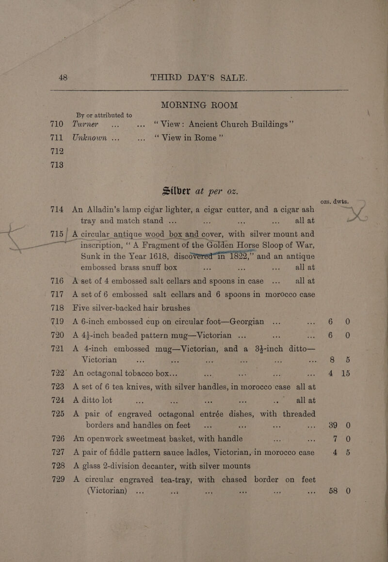 (abl 712 THIRD DAY’S SALE. MORNING ROOM By or attributed to PUTO. is. .. “View: Ancient Church Buildings” Unknown ... .. -§ View in Rome ”’ Silber at per oz. An Alladin’s lamp cigar ate a cigar cutter, and a cigar ash tray and match stand . a ee ant). Bake | A circular_antique wood box and cover, with silver mount and inscription, ‘“‘ A Fragment of the Golden Horse Sloop of War, Sunk in the Year 1618, discoveredin 1832,” and an antique A set of 4 embossed salt cellars and spoons in case ... all at A set of 6 embossed salt cellars and 6 spoons in morocco case Five silver-backed hair brushes A 6-inch embossed cup on circular foot—Georgian A 43-inch beaded pattern mug—Victorian ... A 4-inch embossed TAs ACEO EG, and a 84-inch ditto— Victorian A set of 6 tea knives, with silver handles, in morocco case all at A ditto lot fer a Pe: ay oe on hi) Ab A pair of engraved octagonal entrée dishes, with threaded borders and handles on feet An openwork sweetmeat basket, with handle A pair of fiddle pattern sauce ladles, Victorian, in morocco case A glass 2-division decanter, with silver mounts A circular engraved tea- -tray, with chased border on feet (Victorian) .., an bi iat ozs. dwts. 39 0 58 0
