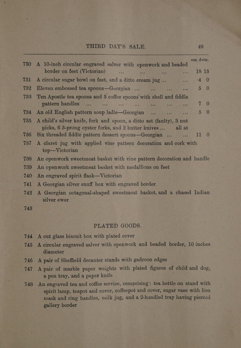 730 731 732 733 734 735 736 737 738 739 740 741 743 744 745 746 747 748 THIRD DAY’S SALE. 49 A 10-inch circular engraved salver with openwork and beaded ter border on feet (Victorian) iy oe ot; ees 10 ky A circular sugar bowl on feet, and a ditto cream jug ... Ves 4 0 Eleven embossed tea spoons—Georgian ... a Se pie ane Ten Apostle tea spoons and 5 coffee spoons with shell and fiddle pattern handles ; on ue An old English pattern soup teale_Georee Bh ay es 5 A child’s silver knife, fork and spoon, a ditto set (faulty), 3 nut picks, 6 3-prong oyster forks, and 2 butter knives ... all at Six threaded fiddle pattern dessert spoons—Georgian ... Wa le A claret jug with applied vine pattern decoration and cork with top— Victorian An openwork sweetmeat basket with vine pattern decoration and handle An openwork sweetmeat basket with medallions on feet An engraved spirit flask—Victorian A Georgian silver snuff box with engraved border A Georgian octagonal-shaped sweetmeat basket, and a chased Indian silver ewer PLATED GOODS. A cut glass biscuit box with plated cover A circular engraved salver with openwork and beaded border, 10 inches diameter A pair of Sheffield decanter stands with gadroon edges A pair of marble paper weights with plated figures of child and dog, a pen tray, and a paper knife An engraved tea and coffee service, comprising: tea kettle on stand with spirit lamp, teapot and cover, coffeepot and cover, sugar vase with lion mask and ring handles, milk jug, and a 2-handled tray having pierced gallery border