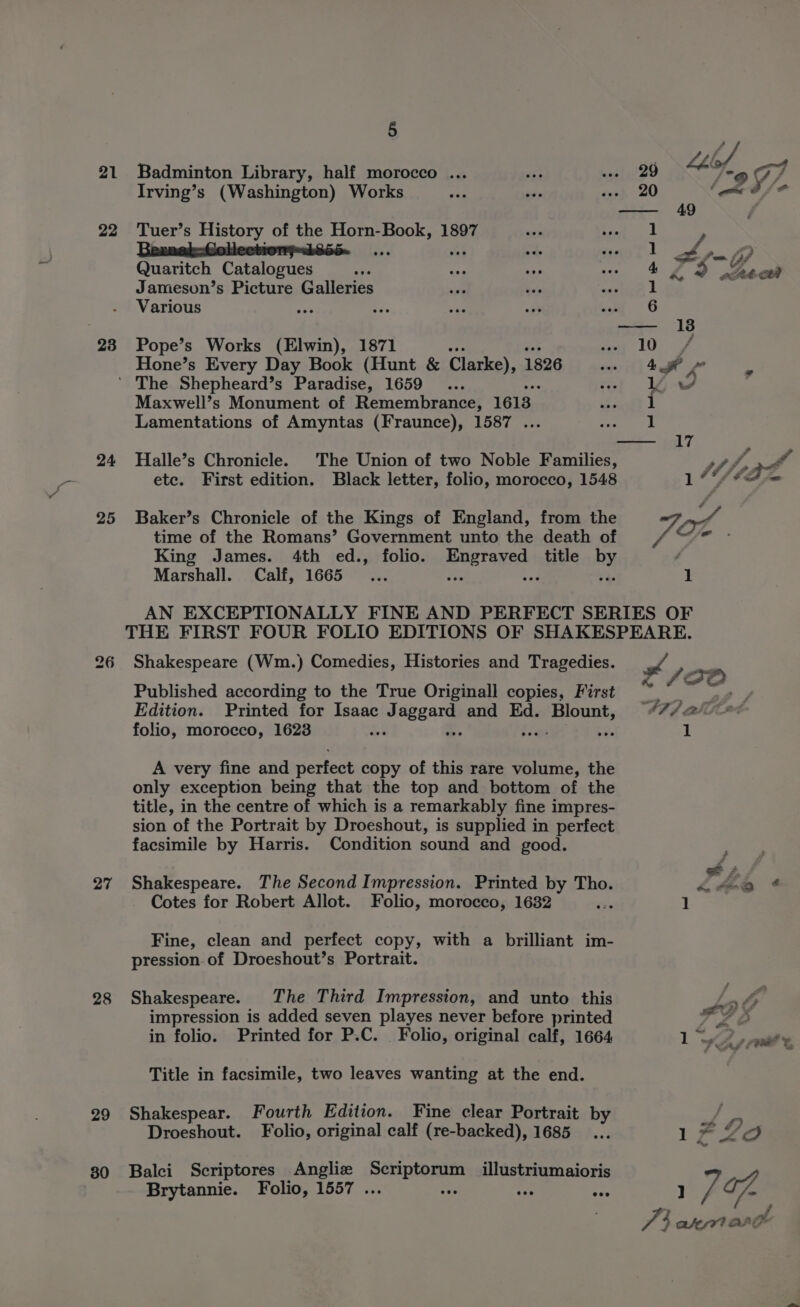21 22 24 25 26 27 28 29 80 5 Badminton Library, half morocco ... Irving’s (Washington) Works Tuer’s History of the Horn-Book, 1897 Quaritch Catalogues Jameson’s Picture Galleries Various Pope’s Works (Elwin), 1871 Hone’s Every Day Book (Hunt &amp; Clarke), 1826 Maxwell’s Monument of Remembrance, 1613 ee Cs We 4 » ly Z 1 1 — 17 Lamentations of Amyntas (Fraunce), 1587 ... Halle’s Chronicle. The Union of two Noble Families, etc. First edition. Black letter, folio, morocco, 1548 Baker’s Chronicle of the Kings of England, from the time of the Romans’ Government unto the death of King James. 4th ed., folio. Engraved title by Marshall. Calf, 1665 ia i +f Shakespeare (Wm.) Comedies, Histories and Tragedies. Published according to the True Originall copies, First Edition. Printed for Isaac acca and Ed. Blount, folio, morocco, 1623 ai A very fine and eecect copy of this rare volume, the only exception being that the top and bottom of the title, in the centre of which is a remarkably fine impres- sion of the Portrait by Droeshout, is supplied in perfect facsimile by Harris. Condition sound and good. Shakespeare. The Second Impression. Printed by Tho. Cotes for Robert Allot. Folio, morocco, 1632 Fine, clean and perfect copy, with a brilliant im- pression of Droeshout’s Portrait. Shakespeare. The Third Impression, and unto this impression is added seven playes never before printed in folio. Printed for P.C. _ Folio, original calf, 1664 Title in facsimile, two leaves wanting at the end. Shakespear. Fourth Edition. Fine clear Portrait by Droeshout. Folio, original calf (re-backed), 1685 Balci Scriptores Anglize bier ai illustriumaioris Brytannie. Folio, 1557 . are re E $s a ee, ==