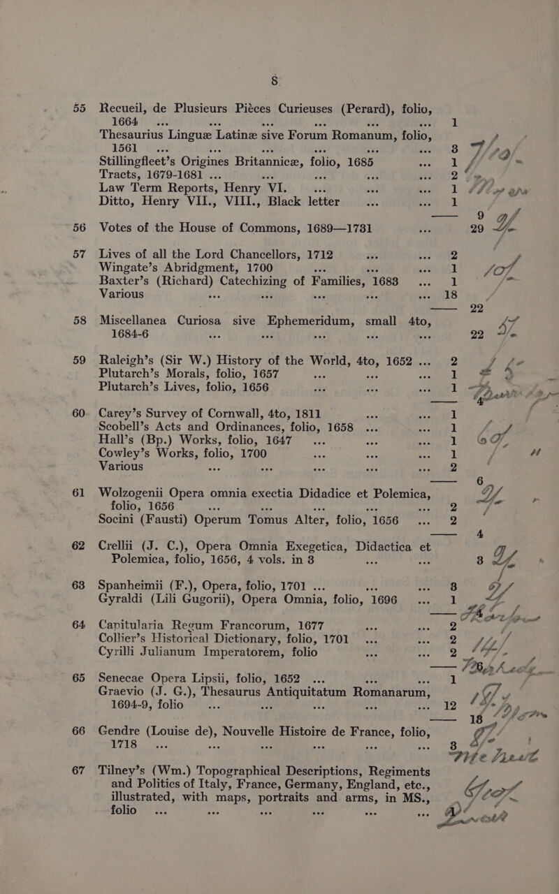 55 56 57 58 59 60 61 62 63 64 65 66 8 Recueil, de Plusieurs Piéces Curieuses (Perard), folio, 1664... 1 Thesaurius Lingue Latine: s sive Forum Romanum, folio, 16h1l- Ue: adel 4B Stillingfleet’s Origines Britannice, folio, 1685. yee | Tracts, 1679-1681 . bi HSTE2 Law Term Reports, Henry. VI. vik 1 Ditto, Henry VII., VIII., Black letter 1 Votes of the House of Commons, 1689—1781 Lives of all the Lord Chancellors, 1712 ped ‘eke Wingate’s Abridgment, 1700 ife il Baxter’s Scaueea | aati |: of Families, 1 1683 1 Various siogihhs Miscellanea 7 SSS sive Ephemeridum, small 4to, 1684-6 =7 one wat outs wes Raleigh’s (Sir W.) History of the World, sae 1652 . Plutarch’s Morals, folio, 1657 or! — Plutarch’s Lives, folio, 1656 2 1 1 Carey’s Survey of Cornwall, 4to, 1811 bre eer a Scobell’s Acts and Ordinances, folio, 1658 1 Hall’s (Bp.) Works, folio, 1647 1 Cowley’s Works, eo 1700 1 Various “/ 2 Wolzogenii Opera omnia exectia Didadice et Ho meas folio, 1656 ° Socini (Fausti) Operum Tomus Alter, folio, 1656 ayes Crellii (J. C.), Opera Omnia Exegetica, Didactica et Polemica, folio, 1656, 4 vols. in 8 Spanheimii (F.), Opera, folio, 1701 . revi | Gyraldi (Lili Gugorii), Opera Omnia, folio, 1606s he A Capitularia Reoum Francorum, 1677 ap oe Collier’s Historical Dictionary, folio, 1701... Se Cyrilli Julianum Imperatorem, folio oa a Senecae Opera Lipsii, folio, 1652 Graevio (J. G.), Thesaurus Antiquitatum Romanarum, 1694-9, folio Le cd ae nt Tile! ®5 Gendre (Louise de), Nouvelle Histoire de France, folio, 1718 ie Ree ‘ ve 4¢ Tilney’s (Wm.) Topographical Descriptions, Regiments and Politics of Italy, France, Germany, England, etc., illustrated, with maps, poe and arms, in MS., folio me oh es he