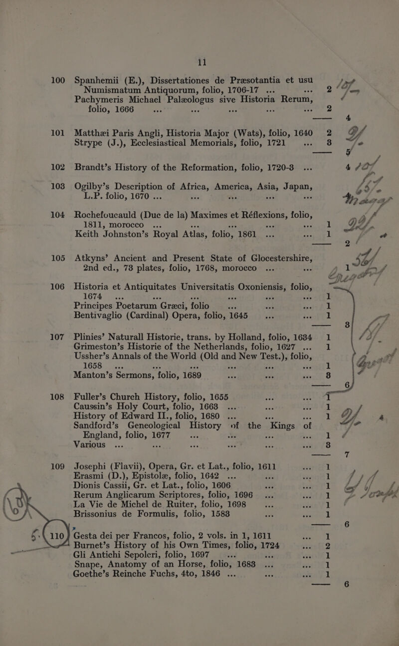 100 101 102 103 104 105 106 107 108 11 Spanhemii (E.), Dissertationes de Presotantia et usu Jaf Numismatum Antiquorum, folio, 1706-17 ig’ Pachymeris Michael Palzologus sive Historia Rerum, ¢ folio, 1666 ee tie pie fae we 2 — 4 Matthzi Paris Angli, Historia Major (Wats), folio, 1640 2 @/ Strype (J.), Ecclesiastical Memorials, folio, 1721 ie 8 js 5 | / , / Brandt’s History of the Reformation, folio, 1720-3 4/7 ar Loy Ogilby’s cectenn of pirice, AMET eet Japan 45 fi L.P. folio, 1670 . is WW GFF Rochefoucauld (Duc de la) Maximes et Réflexions, folio, Py - 1811, morocco ... waz Trek LE. Keith Johnston’ s Royal Atlas, folio, 1861... PS | oe pap f Atkyns’ Ancient and Present State of psc eae y4, 2nd ed., 73 plates, folio, 1768, morocco ... A Vad Historia et Antiquitates Universitatis Oxoniensis, folio, 1674 inte «y' we ot hE Principes Poetarum Greci, folio és an’ apes fk Bentivaglio (Cardinal) Opera, folio, 1645 1 -. a 3 fs lated Plinies’ Naturall Historie, trans. by Holland, folio, 16384 1 F af. Grimeston’s Historie of the Netherlands, folio, 1627 ... 1 : , Ussher’s Annals of the World (Old and New Test. abs folio, &amp; 4 _ ot 1668). 1 au Manton’s Sermons, folio, 1689 8 ? — 6 Fuller’s Church History, folio, 1655 1 Caussin’s Holy Court, folio, 1663 1 . History of Edward II., folio, 1680... he See a Sandford’s Geneological History of the Kings of f sts England, folio 1677 = te ae ree eae Various ... ave a Pe pang (8 ——— 7 Josephi (Flavii), Opera, Gr. et Lat., folio, 1611 1 Krasmi (D.), Epistole, folio, 1642 1 ft Wh Dionis Cassii, Gr. et Lat., folio, 1606 1 box? b/ f Rerum Anglicarum Scriptores, folio, 1696 1 B&amp; ASRS La Vie de Michel de Ruiter, folio, 1698 si ‘LUT, Brissonius de Formulis, folio, 15838 oe oom | 6 ] Burnet’s History of his Own Times, folio, 1724 nhl? Gli Antichi Sepolcri, folio, 1697 _.... ate Sut Snape, Anatomy of an Horse, folio, 1683 1 Goethe’s Reinche Fuchs, 4to, 1846 ... 1