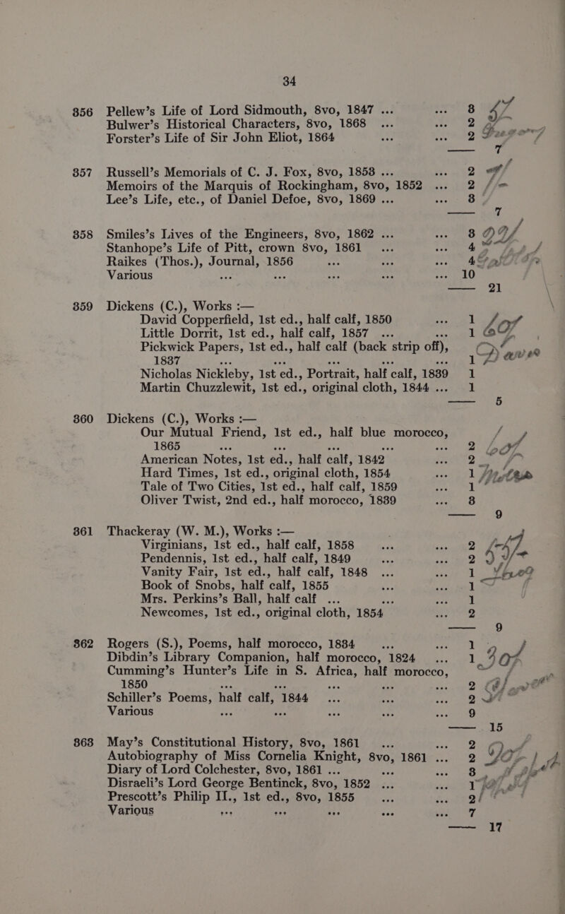 357 358 359 360 861 862 863 34 Pellew’s Life of Lord Sidmouth, 8vo, 1847 ... 8 4 A Bulwer’s Historical Characters, 8vo, 1868 2 Gi, inti Forster’s Life of Sir John Eliot, 1864 2 + 7 ek 4 Russell’s Memorials of C. J. Fox, 8vo, 1858 .. 2 @/ Memoirs of the Marquis of Rockingham, 8vo, 1852 2 //= Lee’s Life, etc., of Daniel Defoe, 8vo, 1869 ... 3 — 7 / Smiles’s Lives of the Engineers, 8vo, 1862 ... 38 2) ee Stanhope’s Life of Pitt, crown 8vo, 1861 4 tea J Raikes (Thos.), Journal, 1856 4&amp; alti: or Various 10 — 21 Dickens (C.), Works :— David Copperfield, 1st ed., half calf, 1850 Lo Or Little Dorrit, 1st ed., half calf, 1857 ... at e F Pickwick Papers, Ist ed., half calf (back strip off), iy SARS 1887 {Pave Nicholas Nickleby, Ist ed., Portrait, half calf, 1839 1 Martin Chuzzlewit, 1st ed., original cloth, 1844. 1 — 6 Dickens (C.), Works :— Our Mutual Friend, Ist ed., half nine me fate 1865 e Re ee American Notes, Ist ed., half calf, 1842 Pe Hard Times, Ist ed., original cloth, 1854 1 {fe Tale of Two Cities, Ist ed., half calf, 1859 1 Wiles cs Oliver Twist, 2nd ed., half morocco, 1839 38 — 9 Thackeray (W. M.), Works :— : Virginians, Ist ed., half calf, 1858 2 AT] Pendennis, Ist ed., half calf, 1849 2 5 by oe Vanity Fair, Ist ed., half calf, 1848 1 Yn? Book of Snobs, half calf, 1855 ‘ os pagel cms Mrs. Perkins’s Ball, half “calf she Bee | Newcomes, Ist ed., original cloth, 1854 2 —— 9 Rogers (S.), Poems, half morocco, 1884 #6 Dibdin’s Library Companion, half morocco, 1824 ... 1 304 Cumming’s Hunter’s Life in S. Africa, half morocco, age 1850 ee ee 2 ¢é/ wi? Schiller’s ei | half calf, 1844 ov Various AS 9 — 15 May’s Constitutional History, 8vo, 1861... oe ya Autobiography of Miss Cornelia Knight, ayo, 1861 .. 9 VE |} A Diary of Lord Colchester, 8vo, 1861 . 8 Wf gate Disraeli’s Lord George Bentinck, 8v0, 1852. 3.2 soe” ae Prescott’s Philip II., 1st ed., 8vo, 1855 we ut t OES Various a J AS pe TN Tinga f