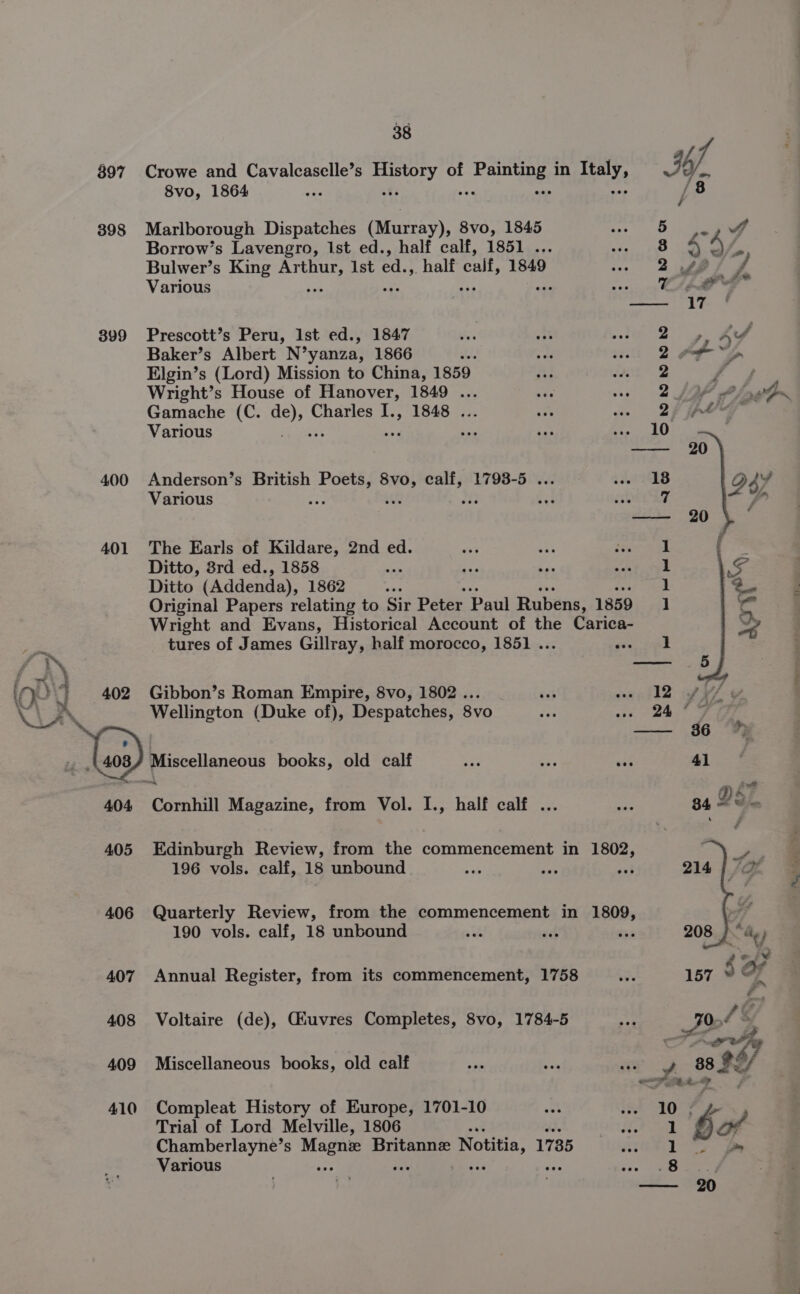 397 398 399 400 401 402 405 406 407 408 409 410 38 8vo, 1864 Marlborough Dispatches (Murray), 8vo, 1845 Borrow’s Lavengro, Ist ed., half calf, 1851 . Various Prescott’s Peru, Ist ed., 1847 Baker’s Albert N’yanza, 1866 i Elgin’s (Lord) Mission to China, 1859 Wright’s House of Hanover, 1849 ... Gamache (C. cua Charles I., 1848 . Various Anderson’s British tr oe calf, 1798-5 . Various ; Re The Earls of Kildare, 2nd ed. Ditto, 3rd ed., 1858 Ditto (Addenda), 1862 tures of James Gillray, half morocco, 1851 . Gibbon’s Roman Empire, 8vo, 1802 ... Wellington (Duke of), Despatches, 8vo 196 vols. calf, 18 unbound 190 vols. calf, 18 unbound Miscellaneous books, old calf Compleat History of Europe, 1701-10 Trial of Lord Melville, 1806 Various é Sor &gt; ~. \ ~ y i oN NW bd J bo OS Gr aaa .. ares Shih Sale ©! Ds