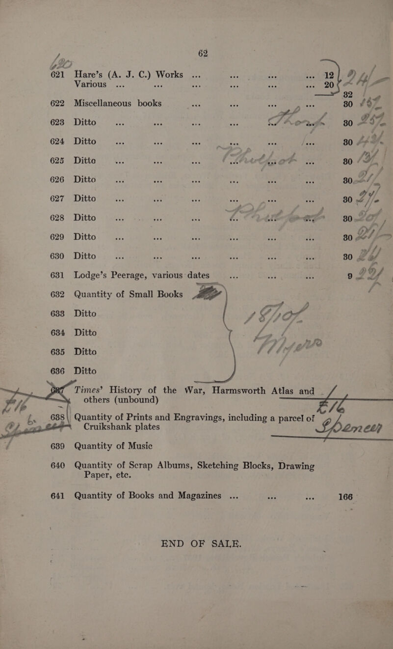 Hare’s (A. J. C.) Works ... rere wet ya. 472 ? Ly le Various say a ap a 20 ¢ , 32 | ow Miscellaneous books ae Me, reece 80 £OF Ditto _ ss5 ae ae Fhe es £ 30 g $4 Ditto ’- &lt;S; es or. ee aol eee ibe ao A4 DA. Ditto ee sre me t kbrar€ ry, mH 2. 80 he d Pitta. seen ip a te * 30 a4, Ditto ke ae $6 vee wate AL 30 © 4/p Ditto AL ee Pe ead we Ti Kgp ae ; 30. qf Ditto... Fe seria. Zs 2 0 eA Ditto. £ 2% i st ad ‘a8 mn 80 vey Lodge’s Peerage, various dates... 3 ms 9 2 Uf Quantity of Small Books LE aa: : Ditto ” Y /, Or Ditto P. 4 cdi Ditto Mh hades Ditto Times’ History of the War, Harmsworth Atlas and ._ others (unbound) y; Quantity of Prints and Engravings, including a parcel of Cruikshank plates Lar72 Chi Quantity of Music | Quantity of Scrap Albums, Sketching Blocks, Drawing Paper, etc. Quantity of Books and Magazines ... A ie 166 END OF SALE.