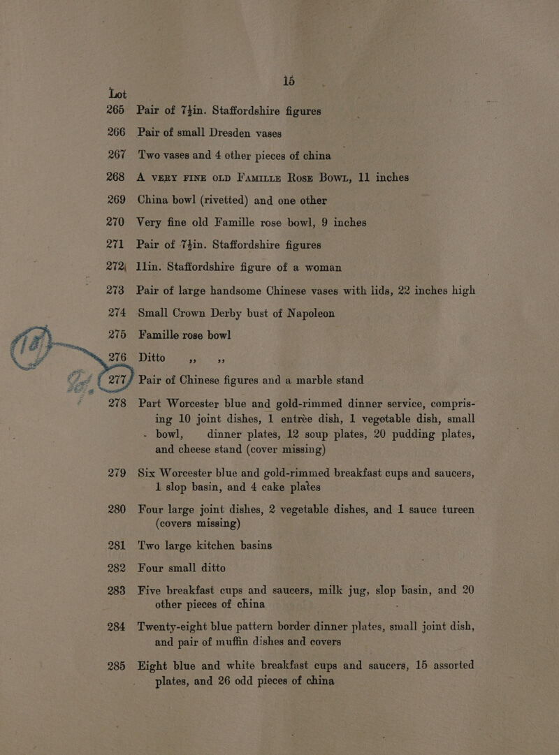 265 266 267 268 269 270 271 Paes) 273 274 285 16 Pair of Tin. Staffordshire figures Pair of small Dresden vases Two vases and 4 other pieces of china A VERY FINE OLD FamittE Rose Bowt, 11 inches China bowl (rivetted) and one other Very fine old Famille rose bowl, 9 inches Pair of 74in. Staffordshire figures llin. Staffordshire figure of a woman Pair of large handsome Chinese vases with lids, 22 inches high Small Crown Derby bust of Napoleon Famille rose bowl Ditto os ~ Part Worcester blue and gold-rimmed dinner service, compris- ing 10 joint dishes, 1 entrée dish, 1 vegetable dish, small - bowl, dinner plates, 12 soup plates, 20 pudding plates, and cheese stand (cover missing) Six Worcester blue and gold-rimmed breakfast cups and saucers, 1 slop basin, and 4 cake plates Four large joint dishes, 2 vegetable dishes, and 1 sauce tureen (covers missing) Two large kitchen basins Four small ditto Five breakfast cups and saucers, milk jug, slop basin, and 20 other pieces of china , Twenty-eight blue pattern border dinner plates, small joint dish, and pair of muffin dishes and covers Eight blue and white breakfast cups and saucers, 15 assorted plates, and 26 odd pieces of china