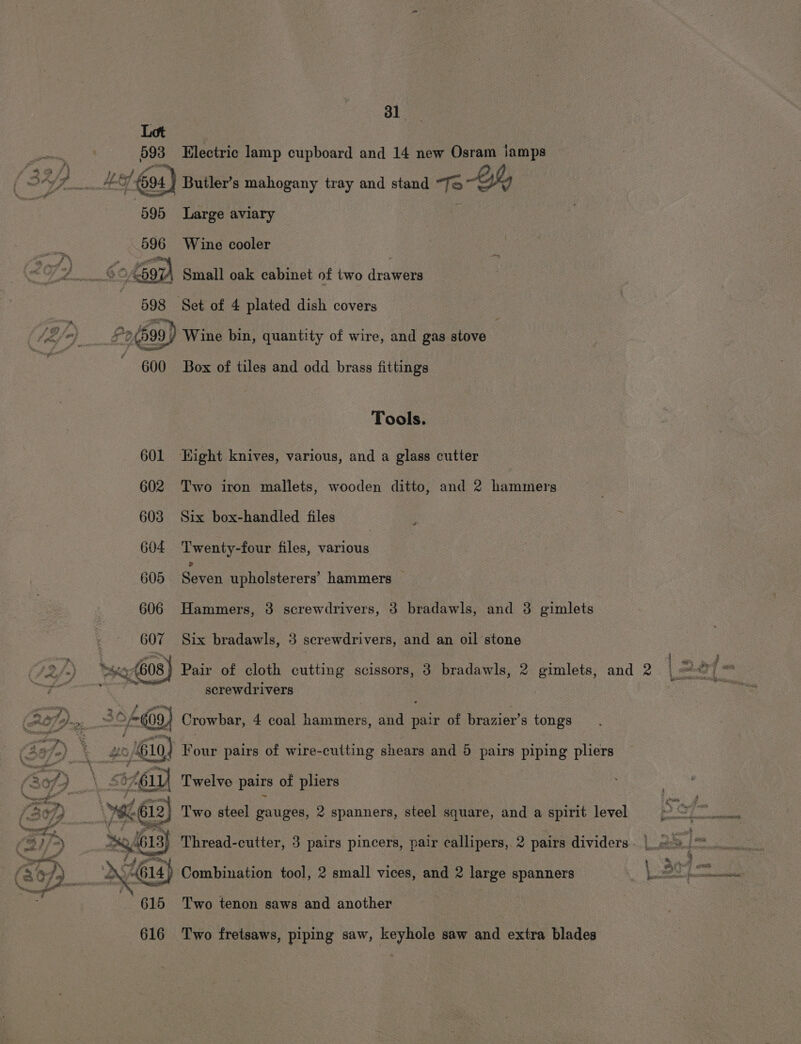 3] 593 Electric lamp cupboard and 14 new Osram lamps 59. Butler’s mahogany tray and stand +3-% Large aviary Wine cooler ) Small oak cabinet of two drawers Set of 4 plated dish covers / Wine bin, quantity of wire, and gas stove Box of tiles and odd brass fittings Tools. 601 Hight knives, various, and a glass cutter 602 Two iron mallets, wooden ditto, and 2 hammers 603 Six box-handled files 604 Twenty-four files, Spee 605 Sven upholsterers’ hammers — 606 Hammers, 3 screwdrivers, 3 bradawls, and 3 gimlets 607 Six bradawls, 3 screwdrivers, and an oil stone P24.) a d608 A y a ° screwdrivers AR .* 7 é f ee y ; 5 + (ROT) =. ie: Crowbar, 4 coal hammers, and pair of brazier’s tongs er an: (Age) %. G10) Four pairs of wire-culting shears and 5 pairs pete pliers 2, - ee 4 J 7 &gt; ' i (39; 24k Twelve pairs of pliers 7367) 7% Two steel gauges, 2 spanners, steel square, and a spirit level \ oi ne of | 3 }/&gt;) a, {613} Thread-cutter, 3 pairs pincers, pair callipers, 2 pairs dividers on Re iG tee 7.) ‘ay 614 Combination tool, 2 small vices, and 2 large spanners he oF aia g p 615 Two tenon saws and another j